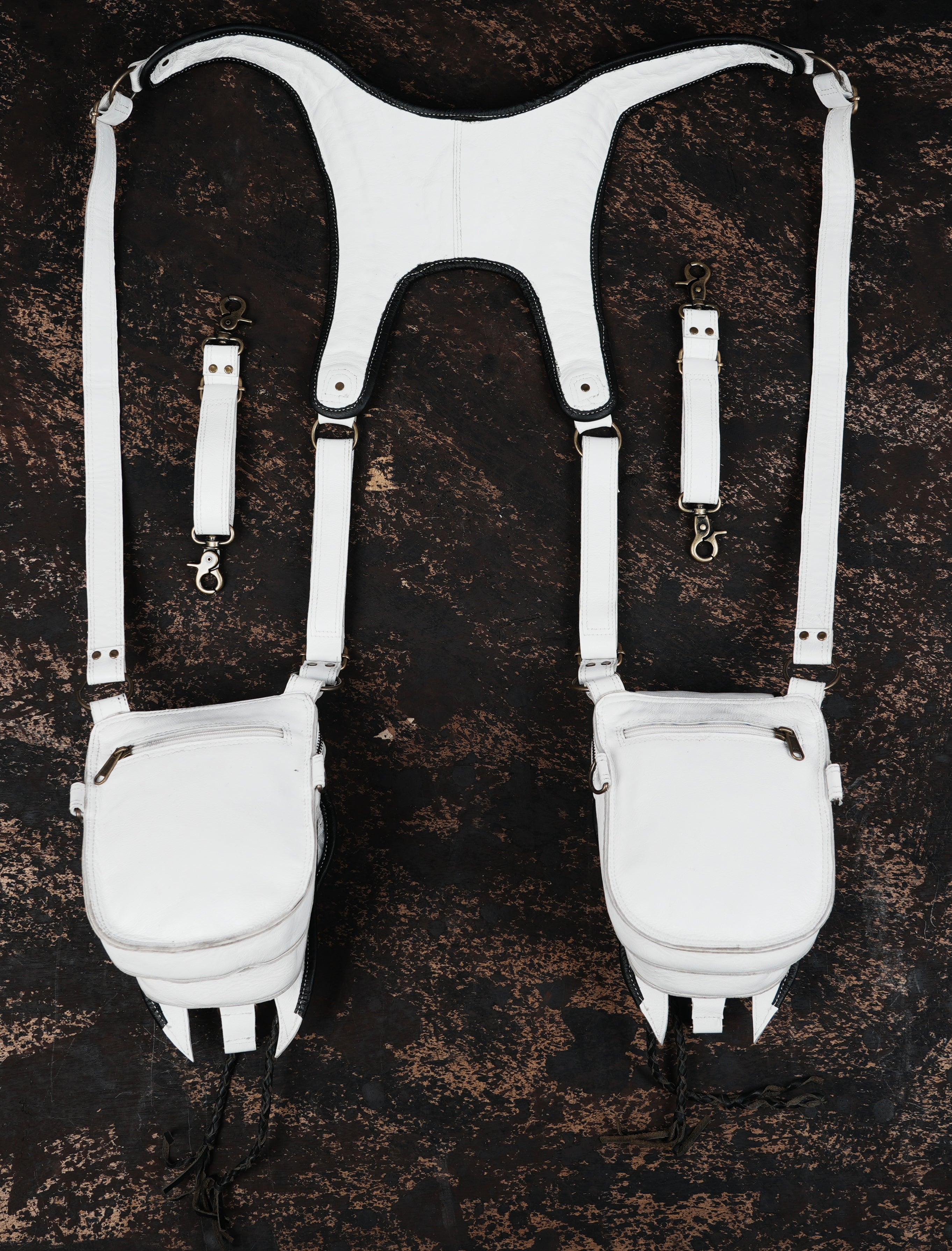 White cosplay holster with detailed stitching and gems