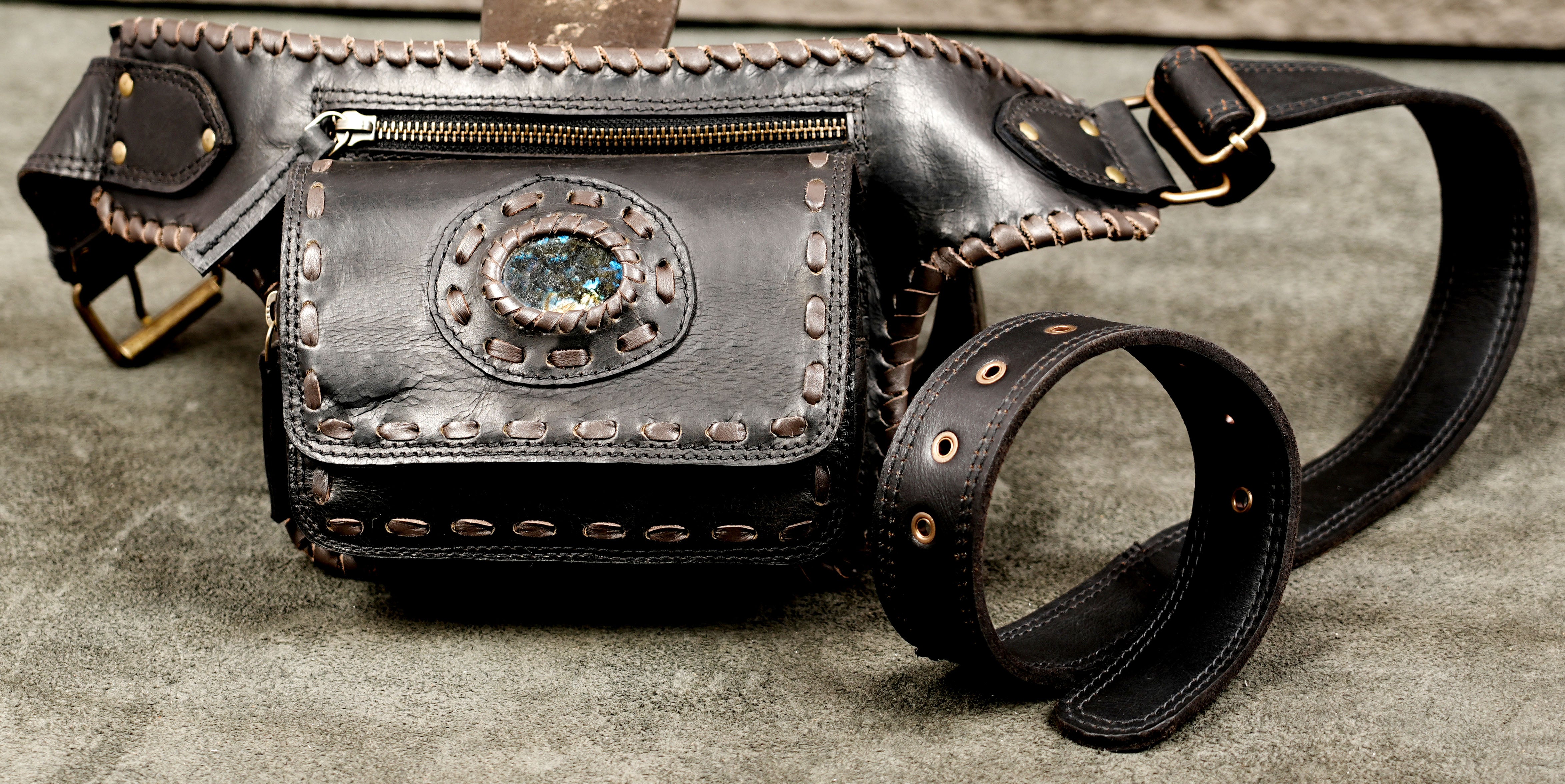 Black leather belt bag for festivals