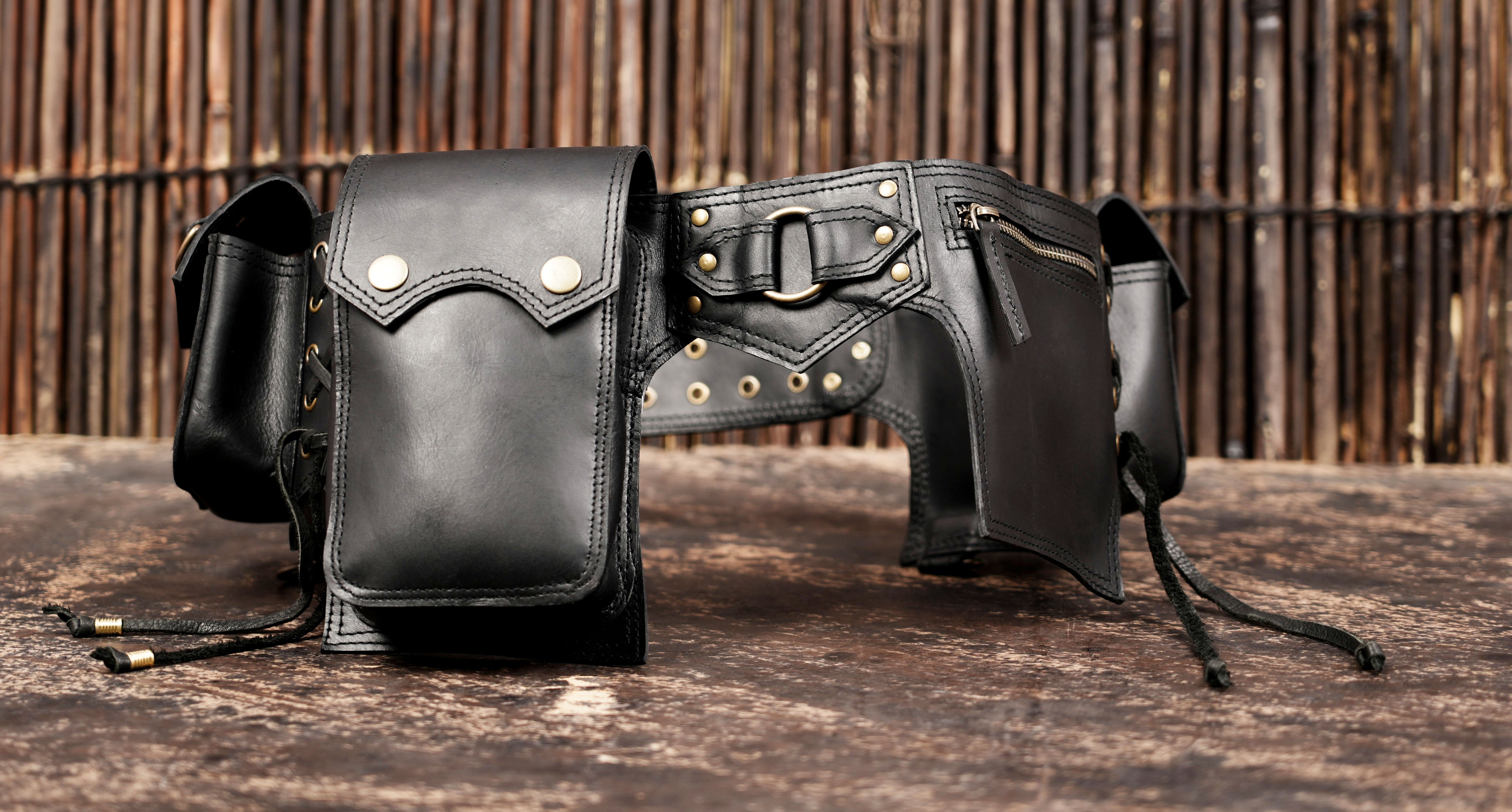 Black leather belt with flap pockets