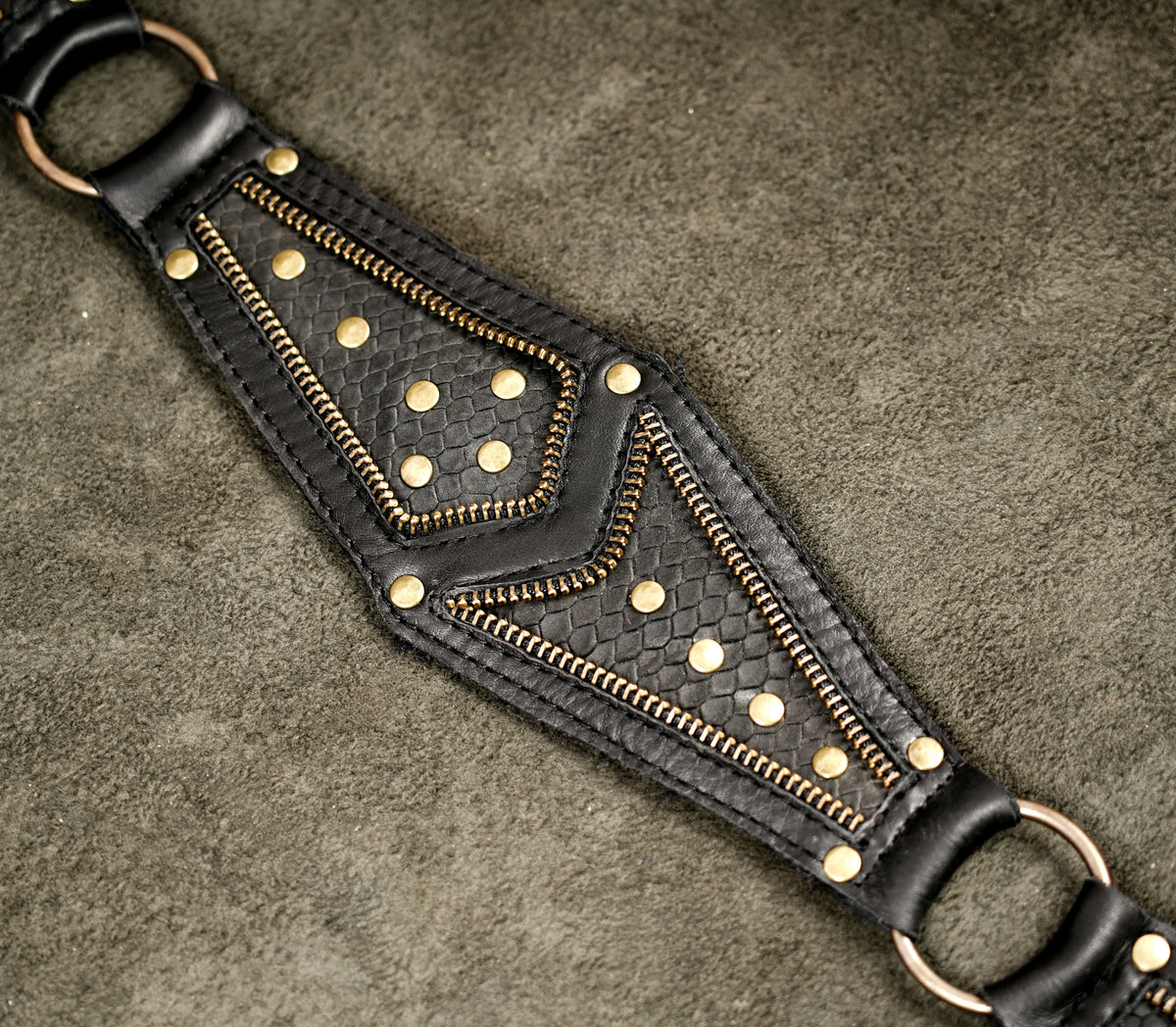 Black leather festival harness bag with adjustable straps