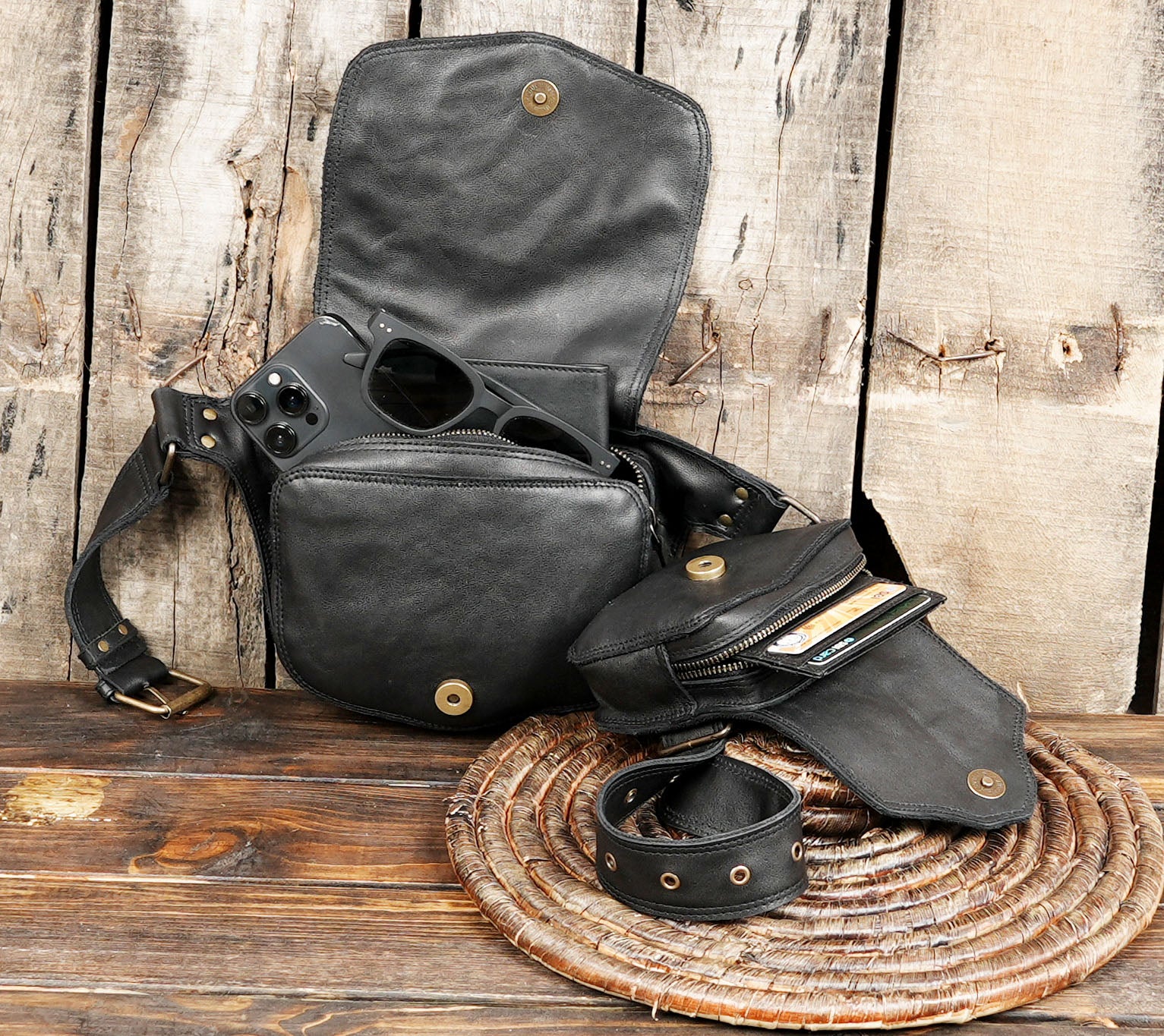 Handmade Leather Utility Belt Bag with Labradorite Stone – Adjustable Pocket Belt with Double Pouches, Festival Hip Bag