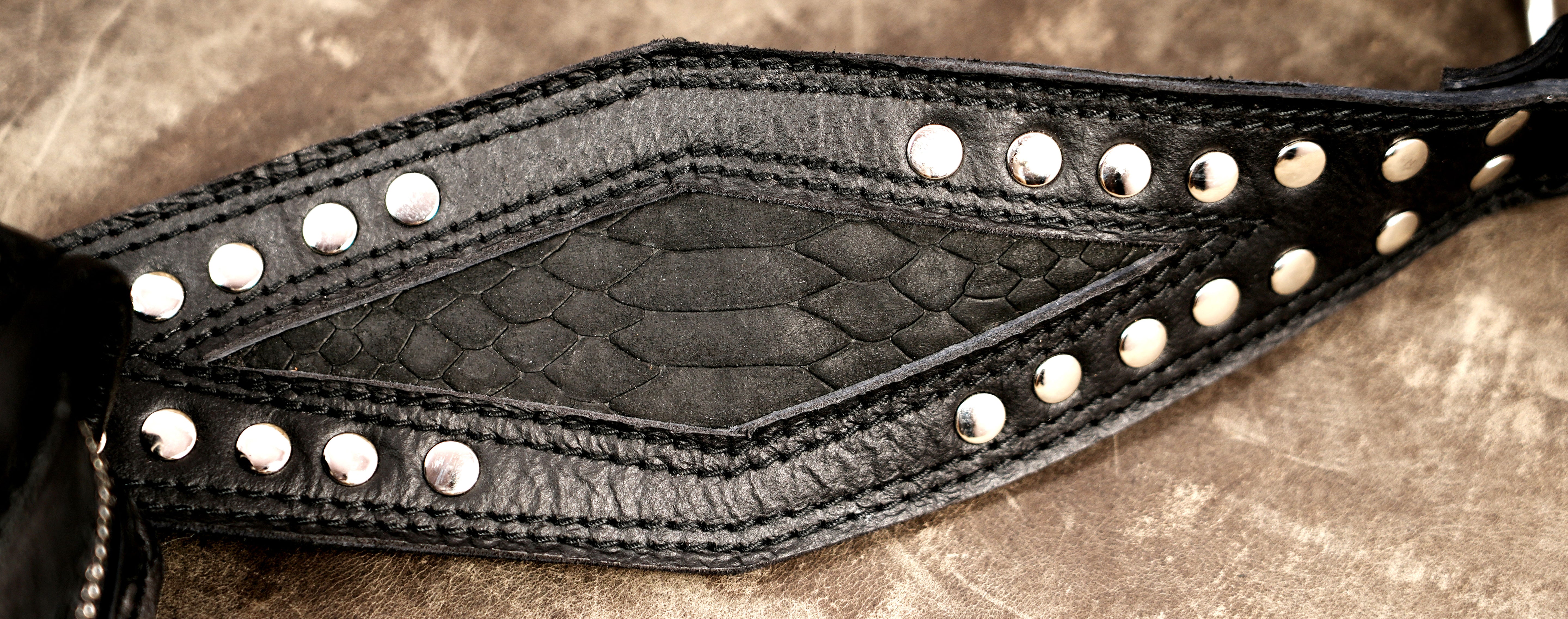 Black leather waist pouch with handcrafted studded festival design
