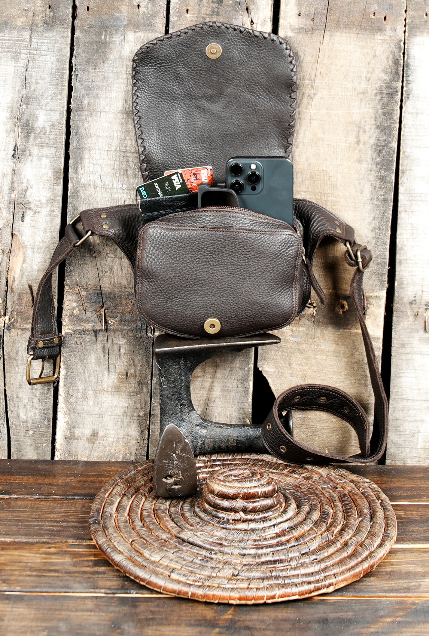 Boho Leather Hip Pouch with Decorative Brass Studs