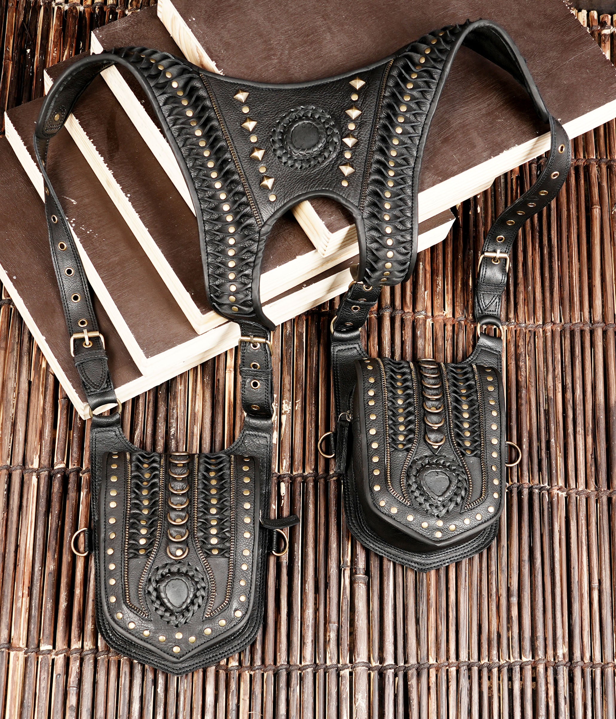Handmade Black Leather Shoulder Holster Harness with Dual Utility Pouches | Adjustable Chest Rig | Gothic Steampunk Leather Holster (LT/AB/HLS/6053)