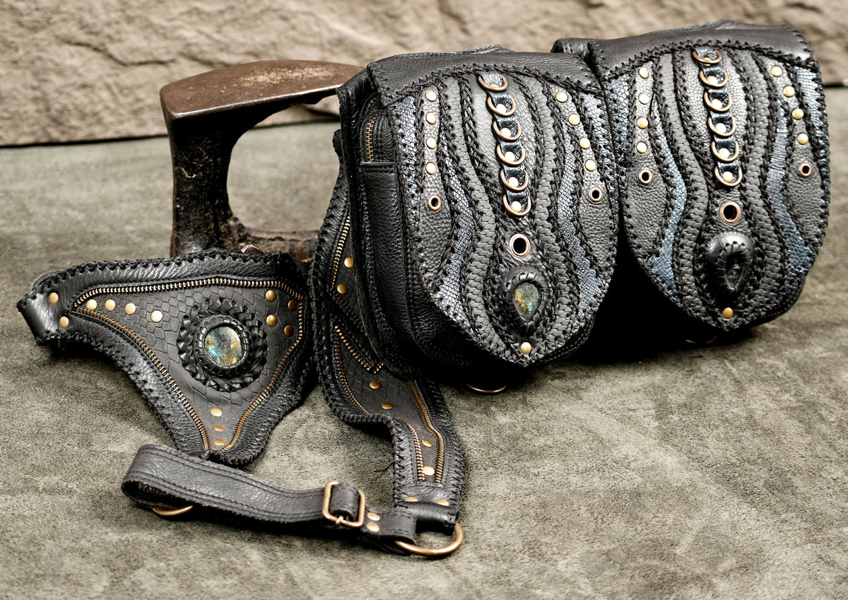 leather body harness with dual utility pockets, perfect for music festivals, concerts, and edgy styling