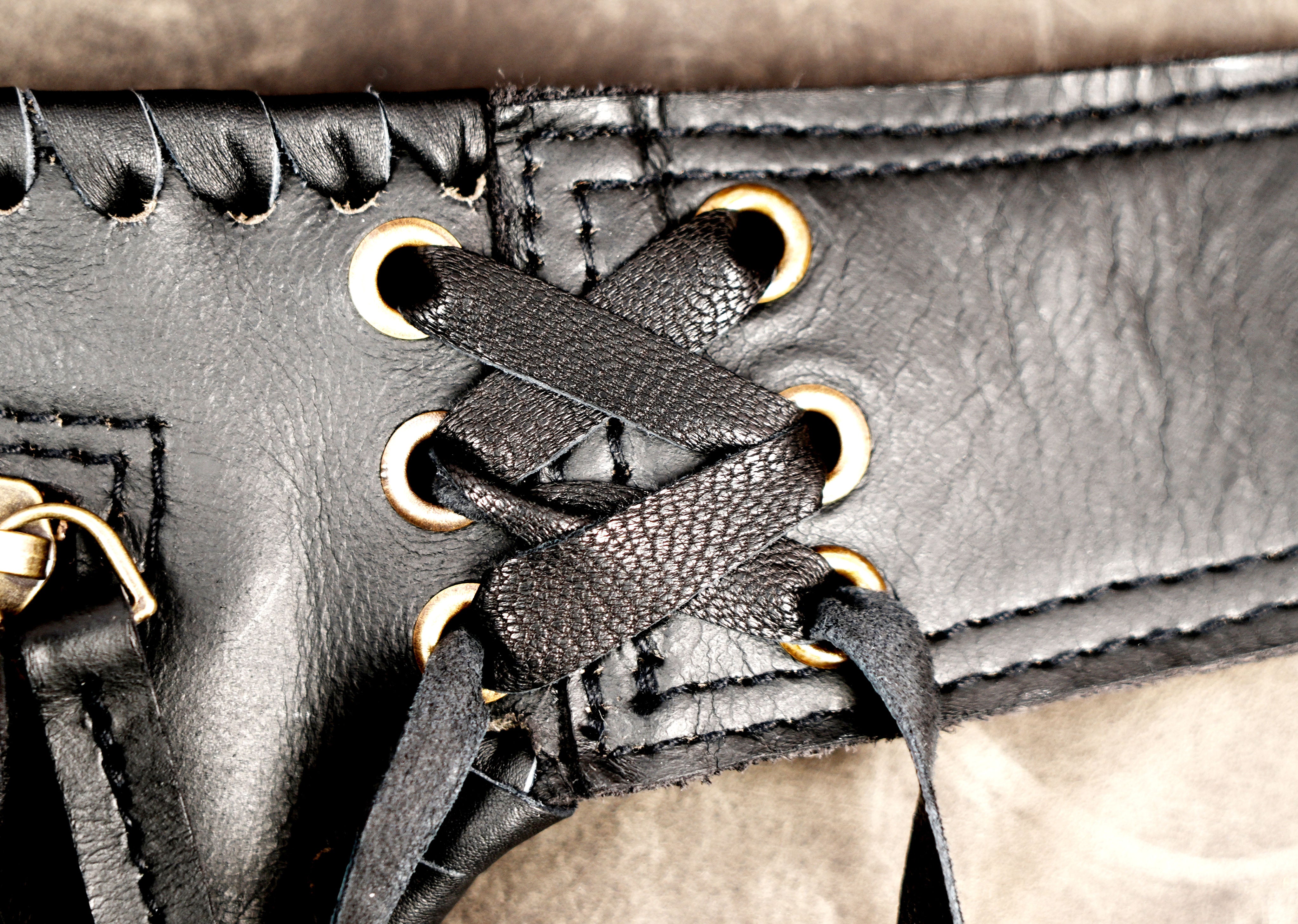 Boho leather waist belt with decorative stitching