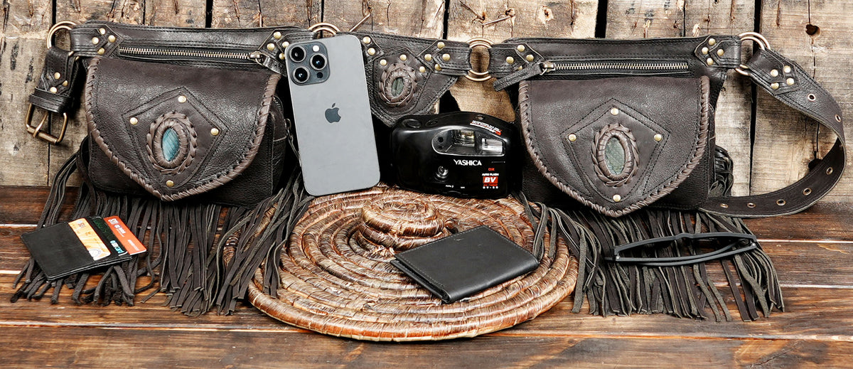Handmade Leather Fringe Belt Bag, Black Western Waist Belt, Boho Hip Pouch, Stone Accent, Festival Wear