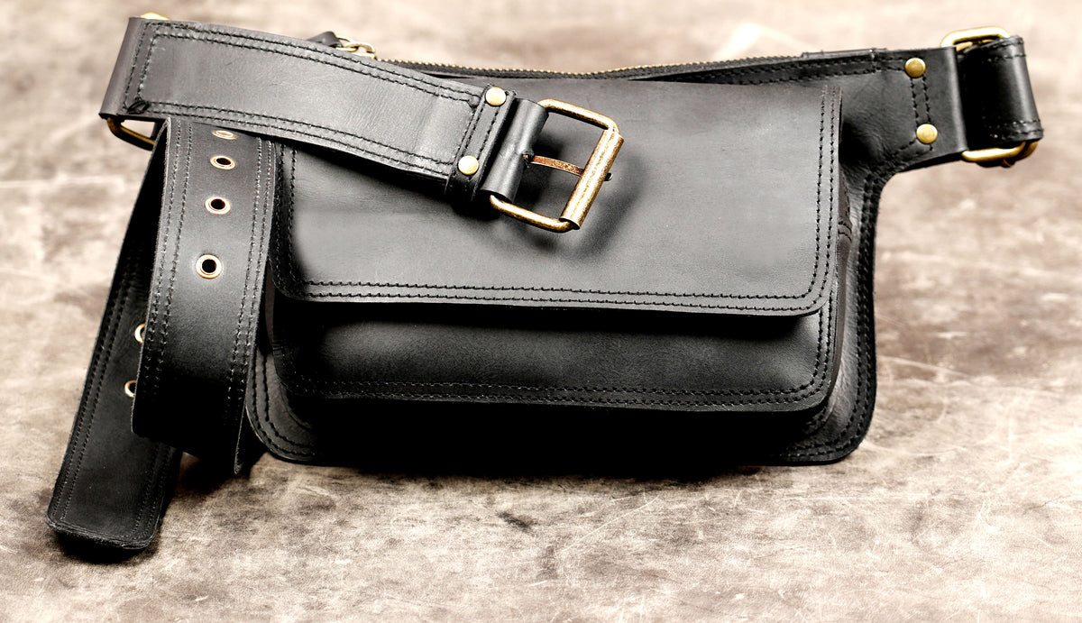 Genuine leather belt bag with antique brass buckles