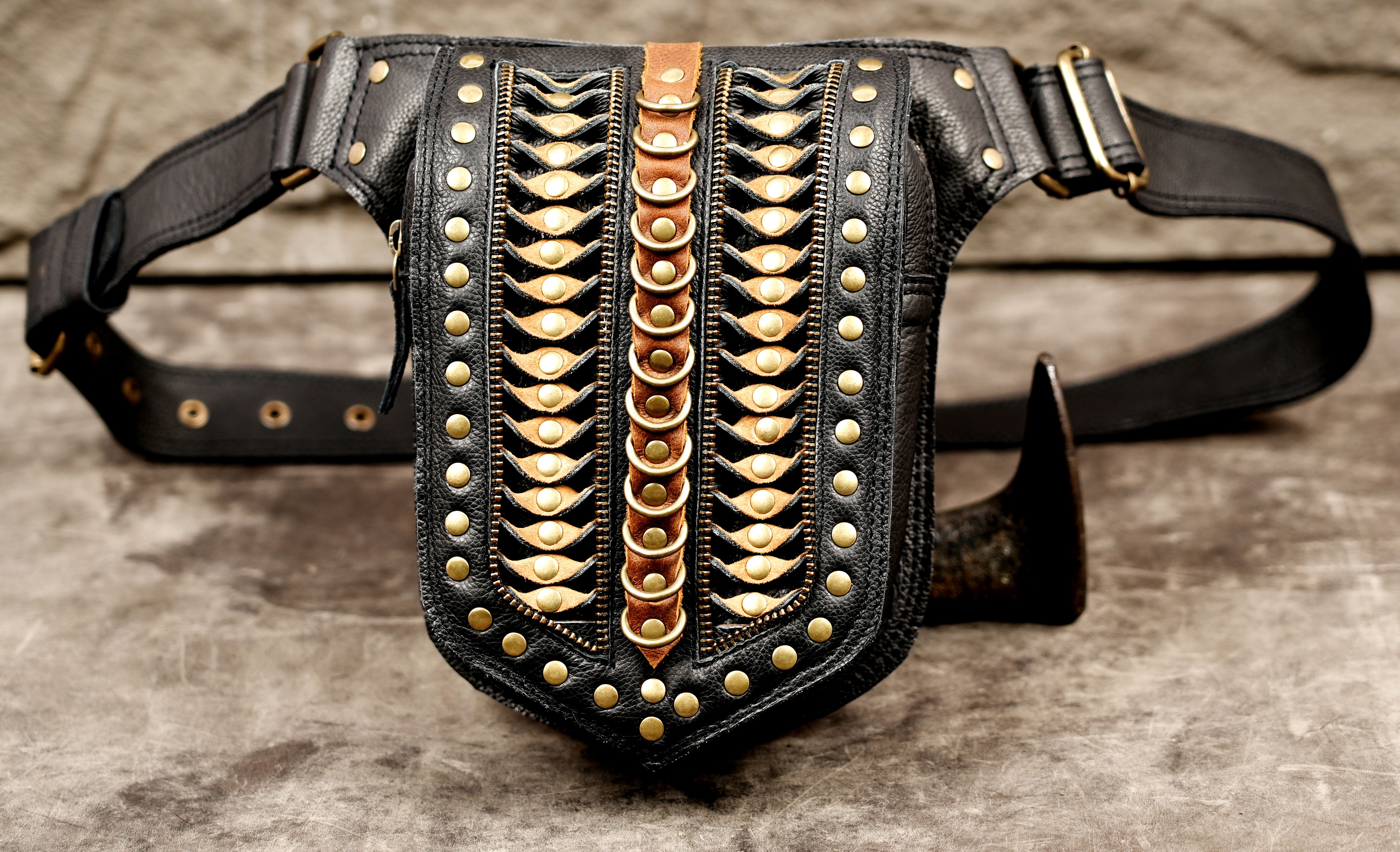 Black leather costume waist belt with metal studs
