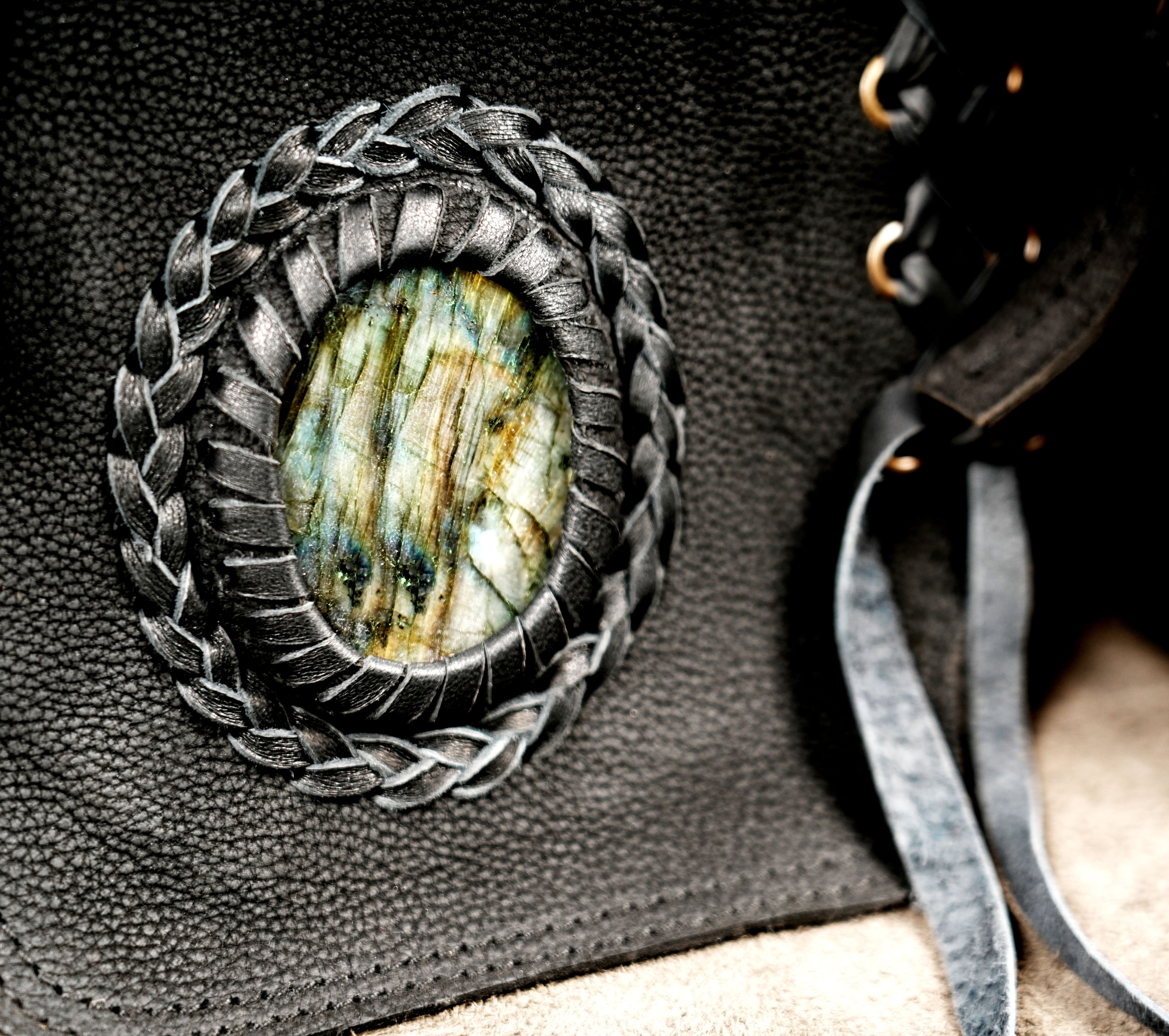 Boho leather waist belt with utility pouches and antique hardware