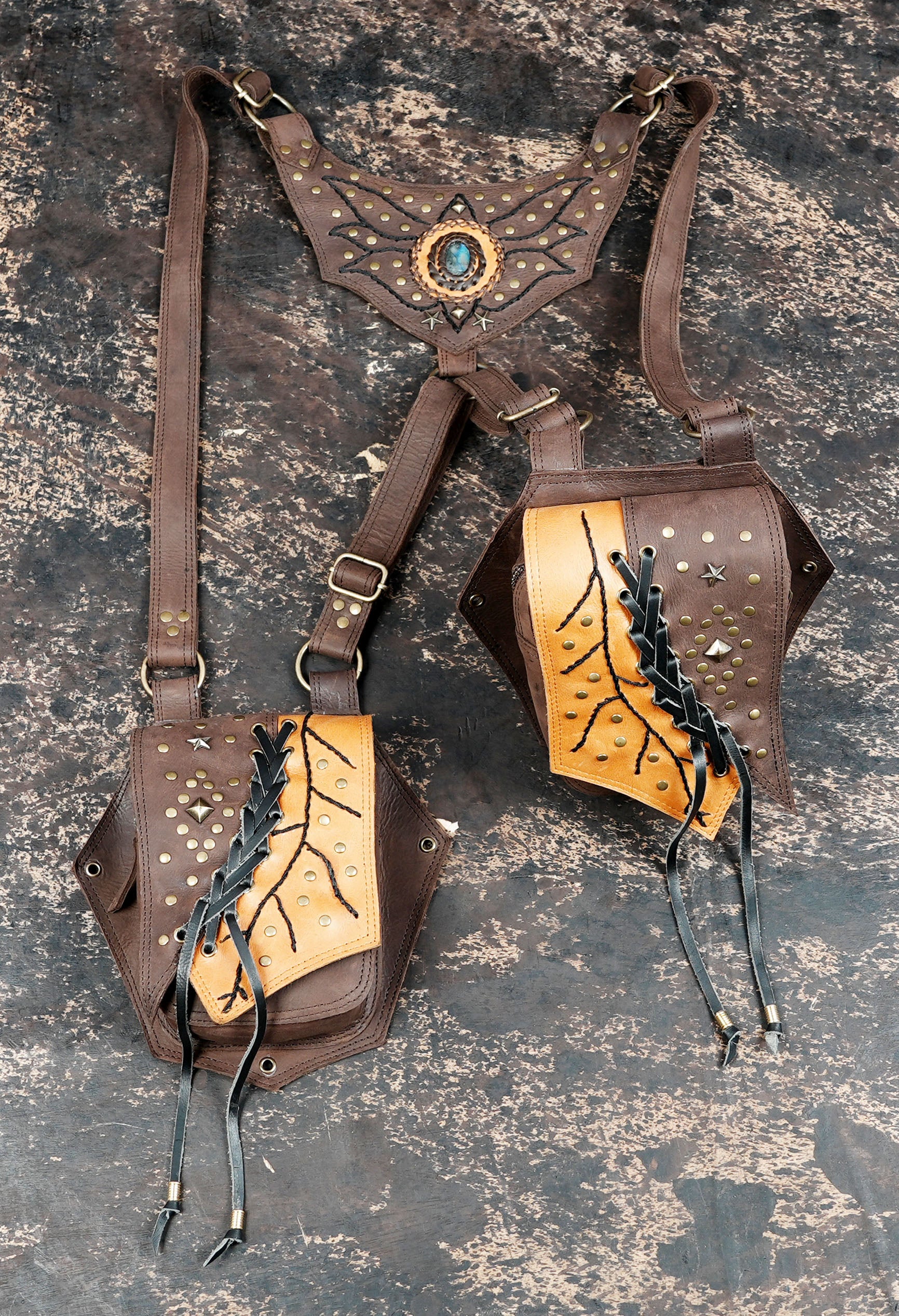 Handmade leather shoulder holster with dual pouches || Tribal leather chest rig with stud work || Travel leather utility shoulder rig (LT/AB/HLS/6060)