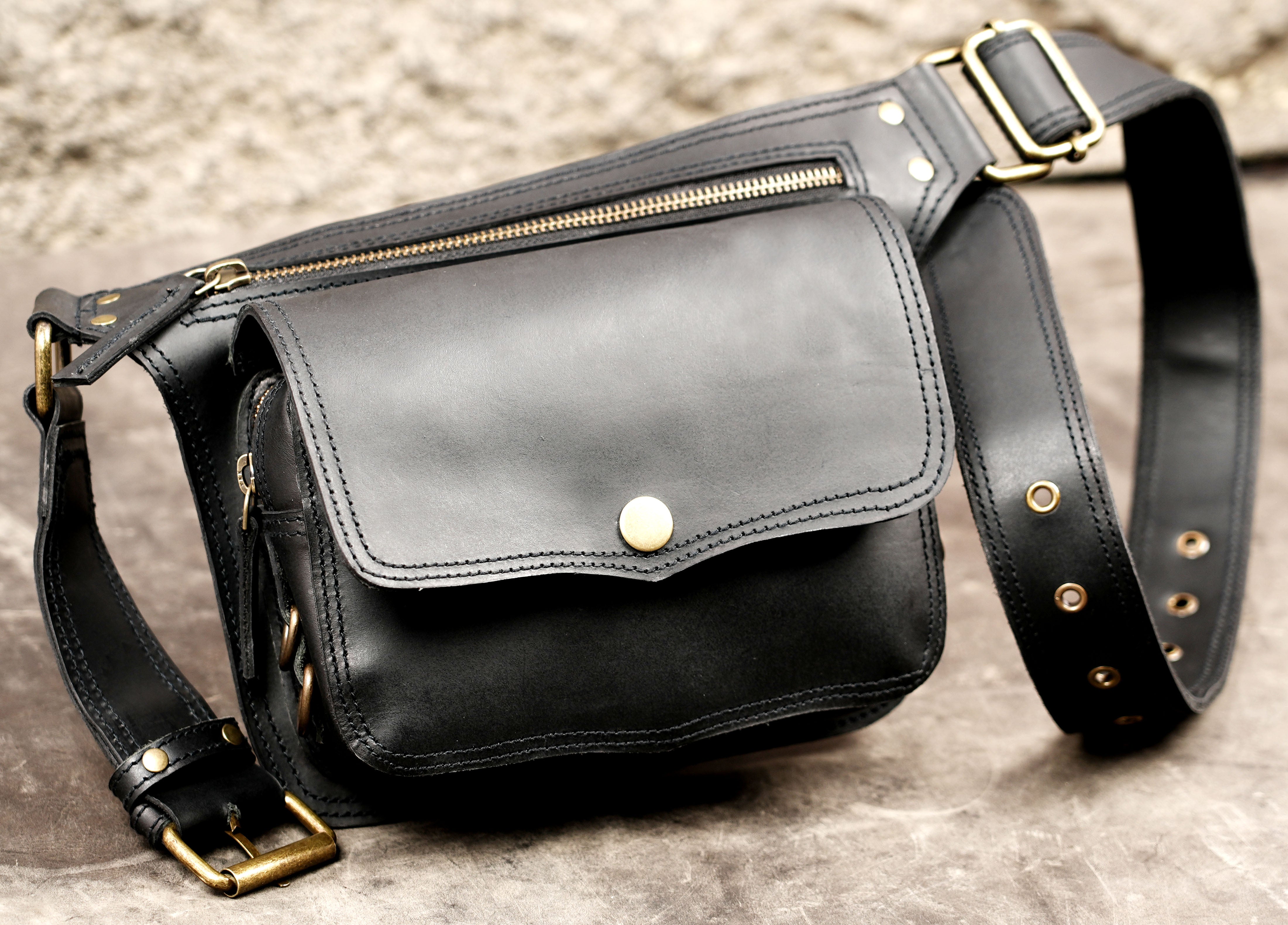 Minimalist black leather belt bag