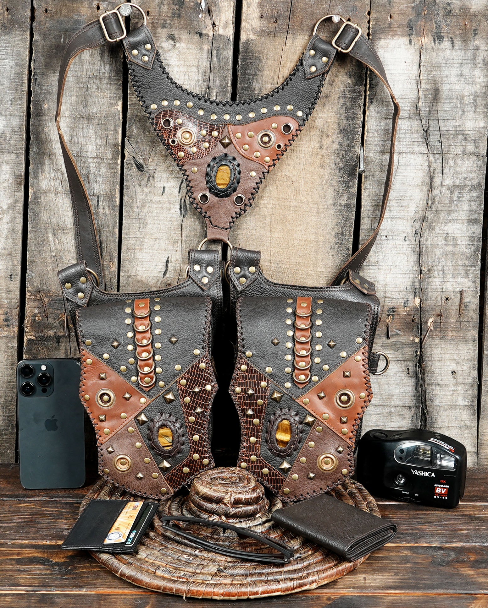 Adjustable leather holster gear with two side pouches for utility use