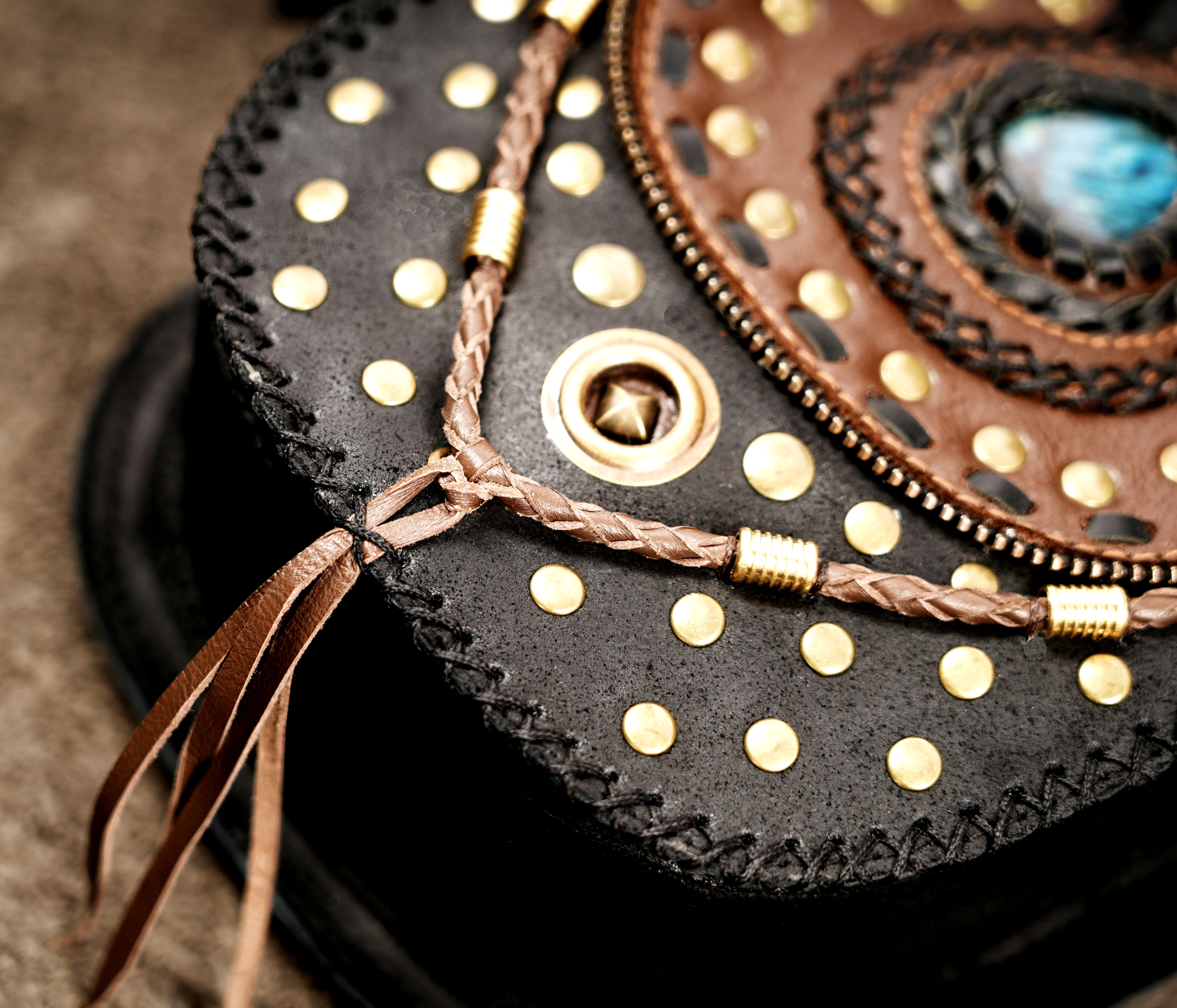Handmade Leather Harness Bag with Stone Embellishment