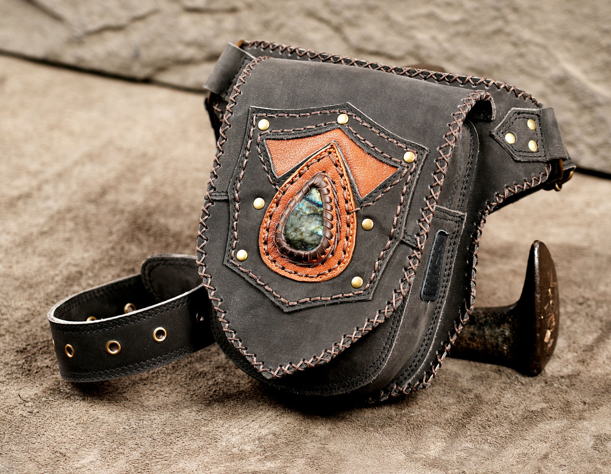 Black leather utility pouch and belt for Renaissance faire costumes   