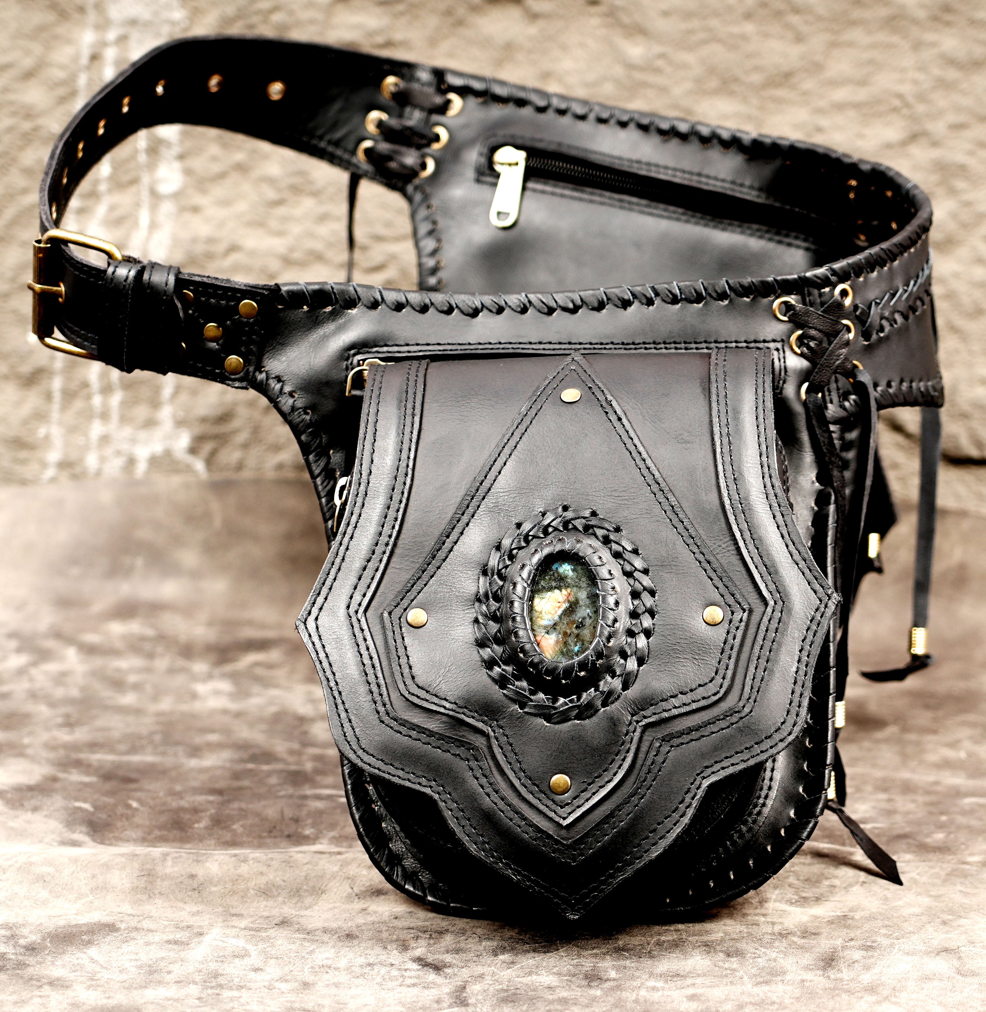 Genuine leather festival belt with front pouches