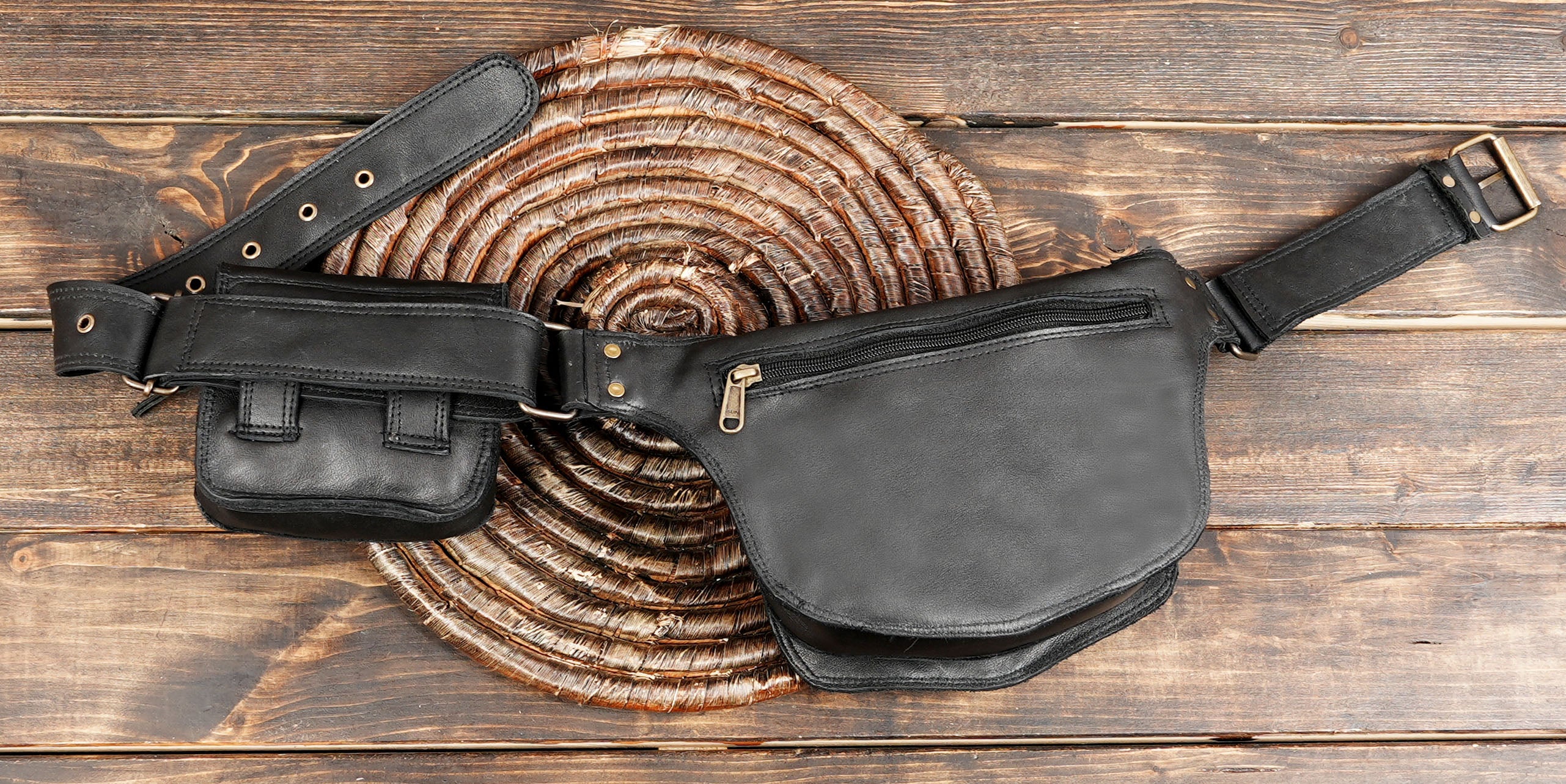 Handmade Leather Utility Belt Bag with Labradorite Stone – Adjustable Pocket Belt with Double Pouches, Festival Hip Bag