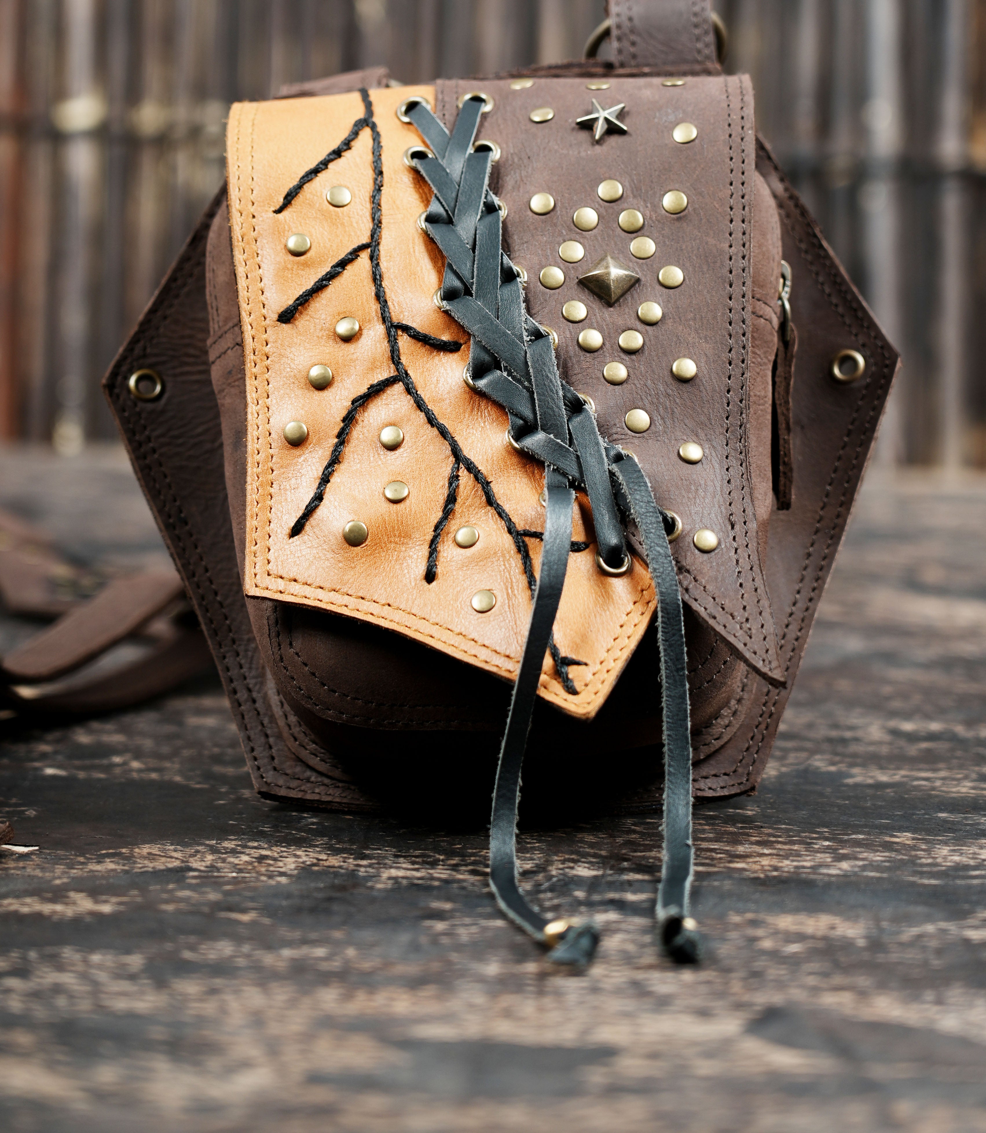 Handmade leather shoulder holster with dual pouches || Tribal leather chest rig with stud work || Travel leather utility shoulder rig (LT/AB/HLS/6060)