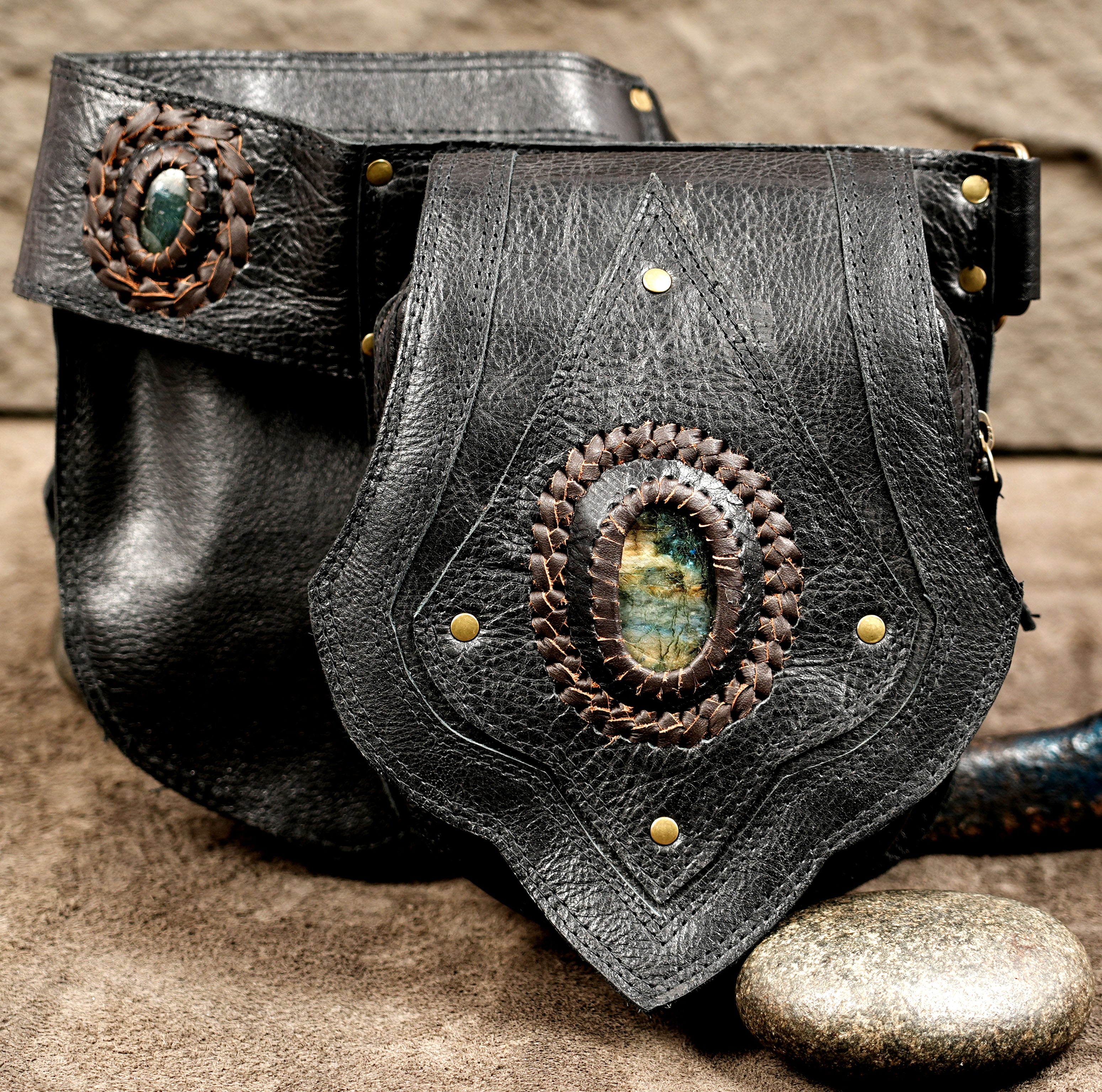 Men's leather pocket belt with antique brass studs