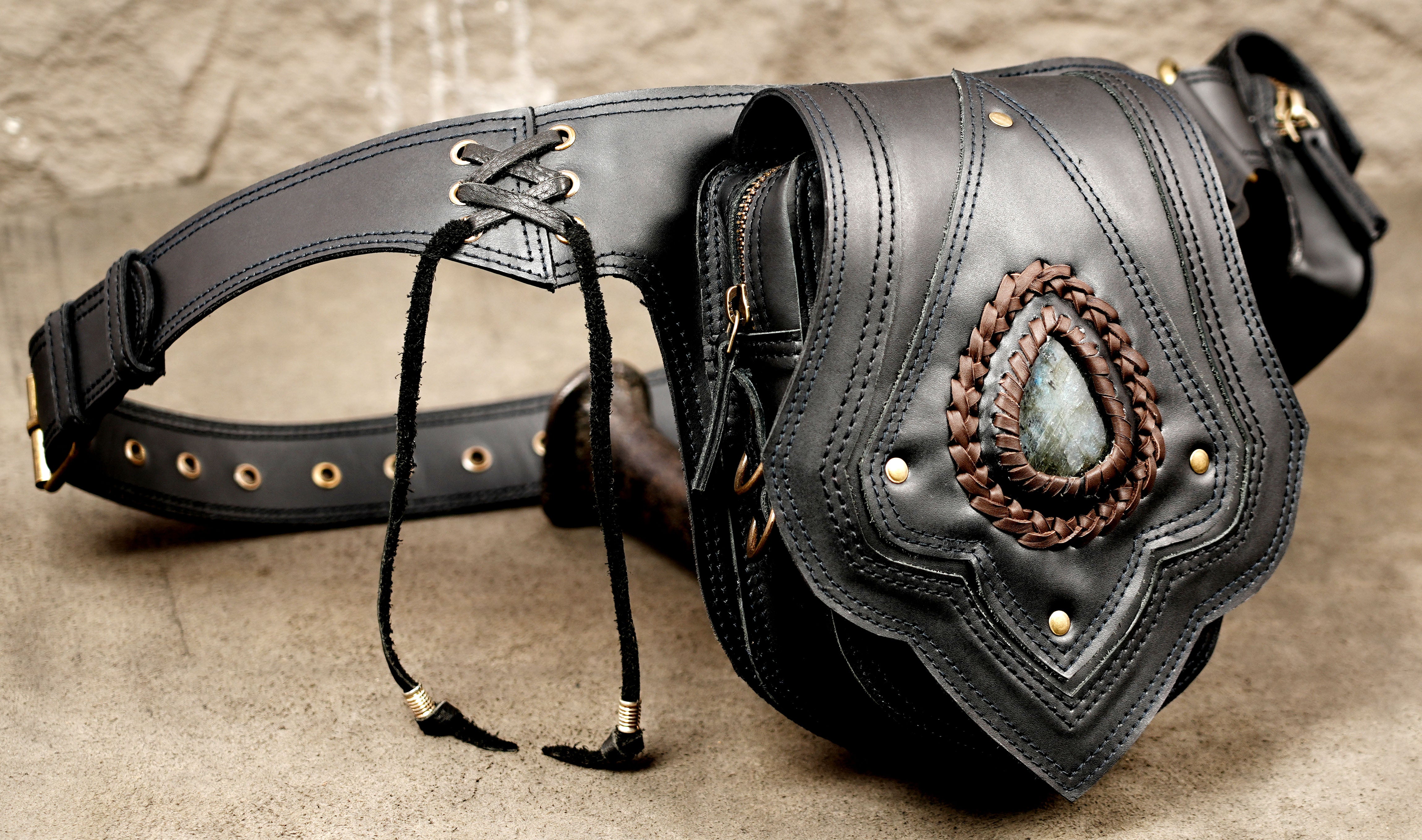 Boho black leather belt with front leather pouch