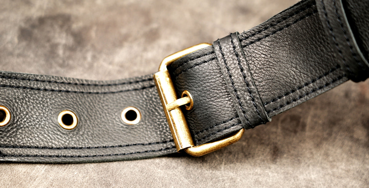 Black leather festival belt with front storage pouch