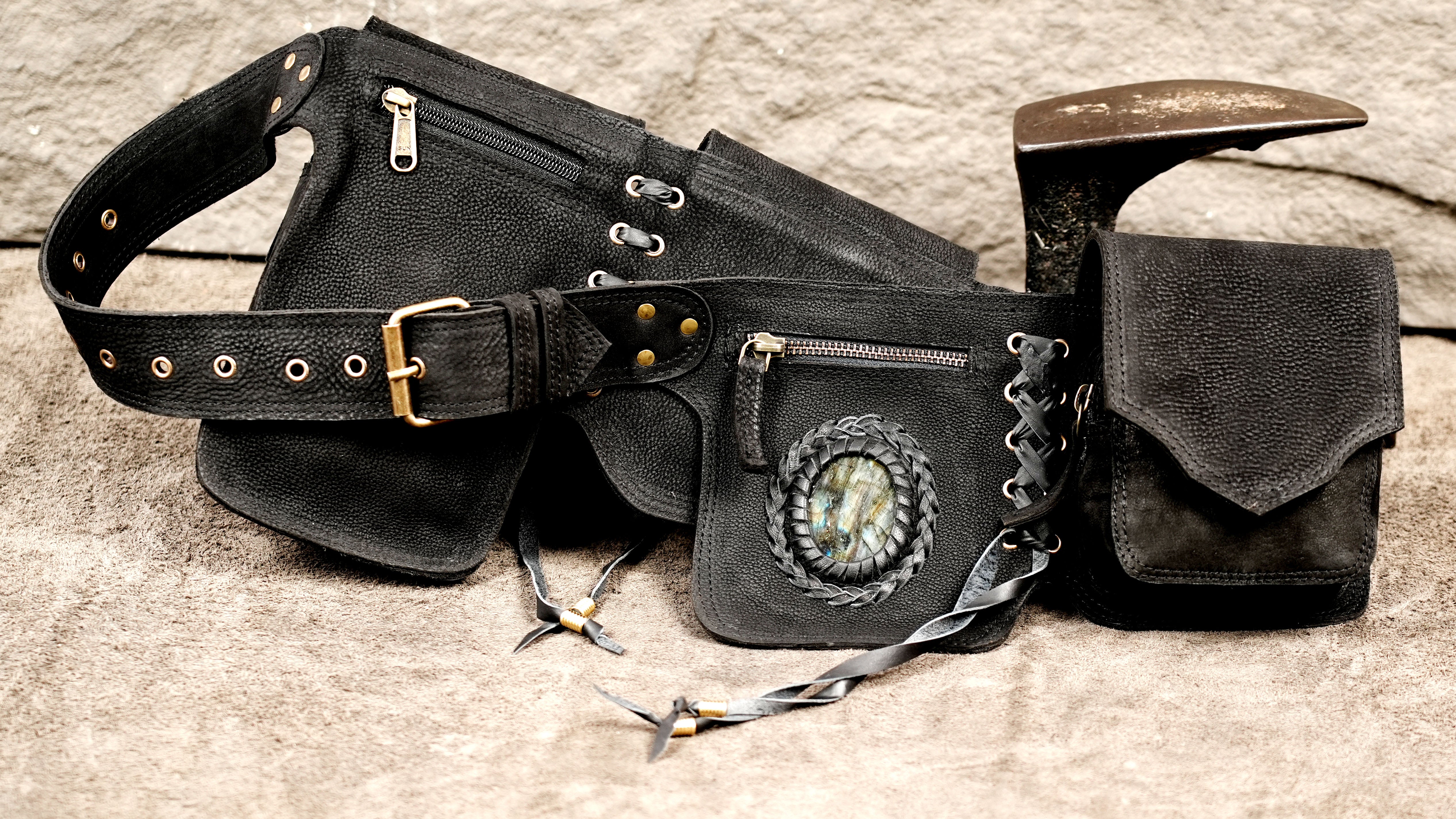 Black leather hip bag belt with adjustable buckle closure