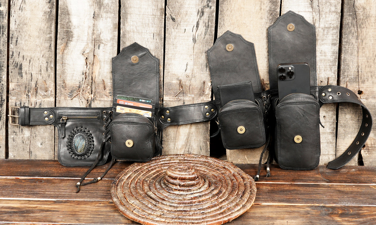 Black Leather Utility Hip Belt with Stone Accents and Brass Hardware