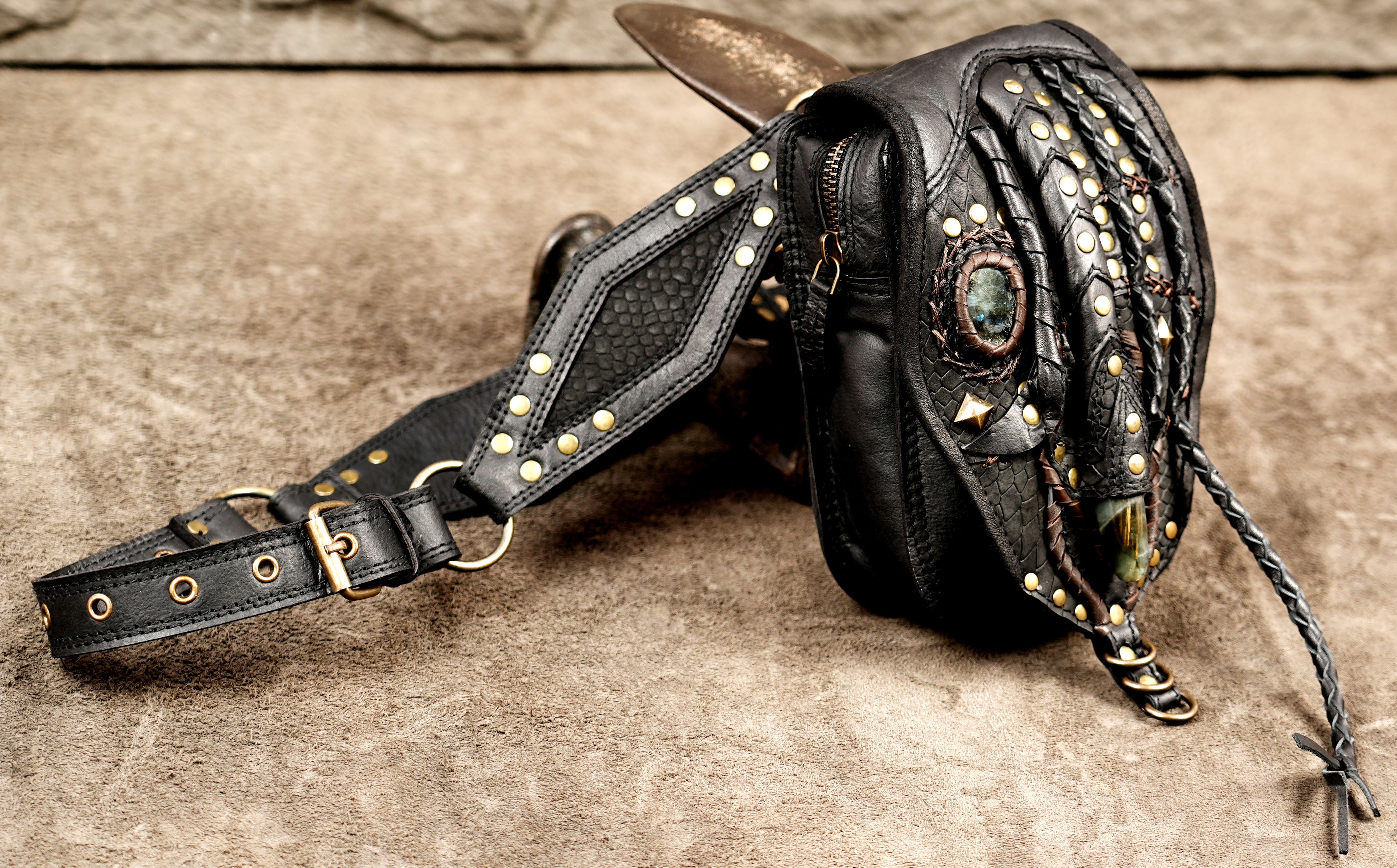 Festival leather belt pouch with antique brass hardware and adjustable belt