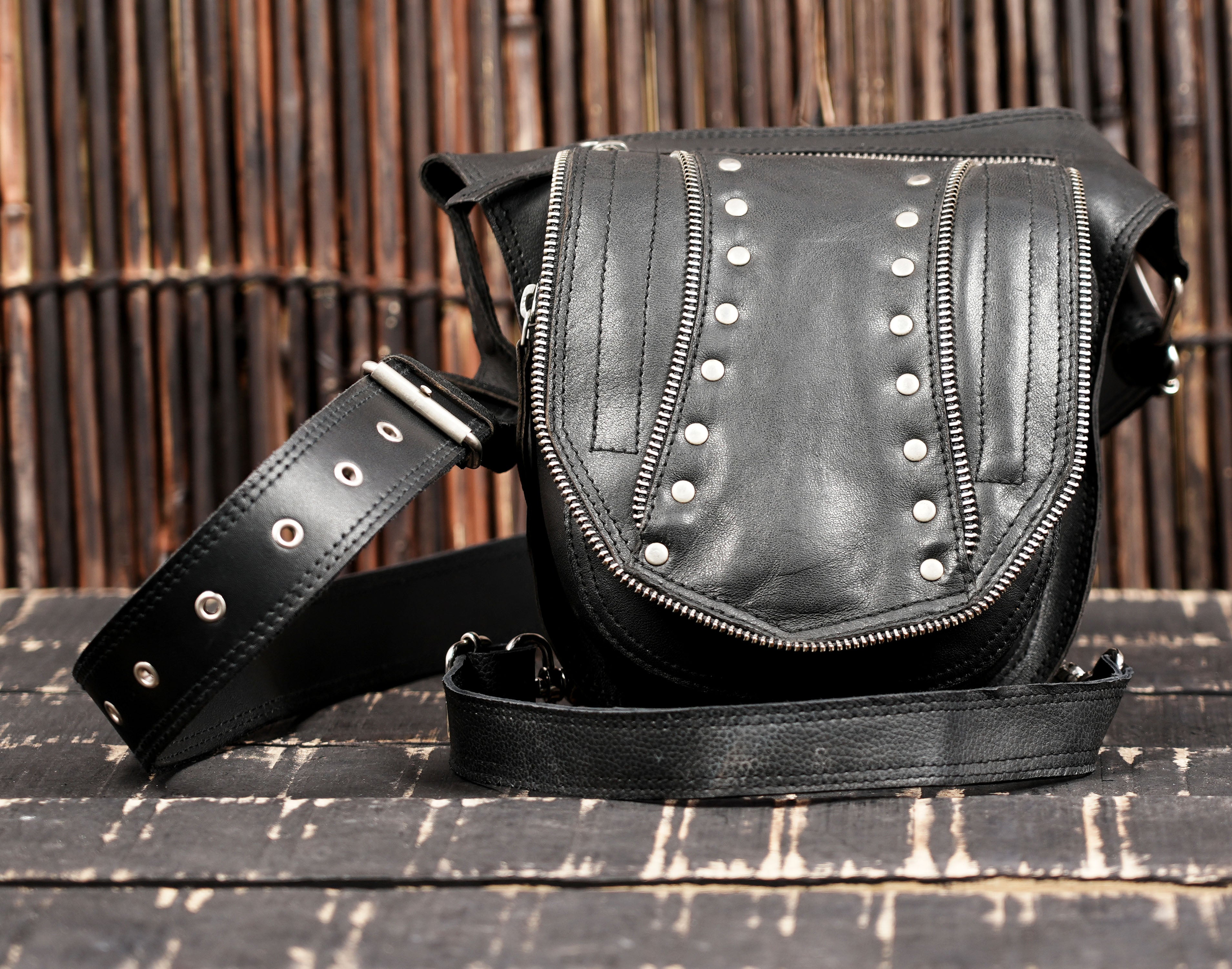 Black leather waist thigh belt with zipper pouch || Unisex leather waist thigh belt with front pouch (LT/NS/WBTS/6005)