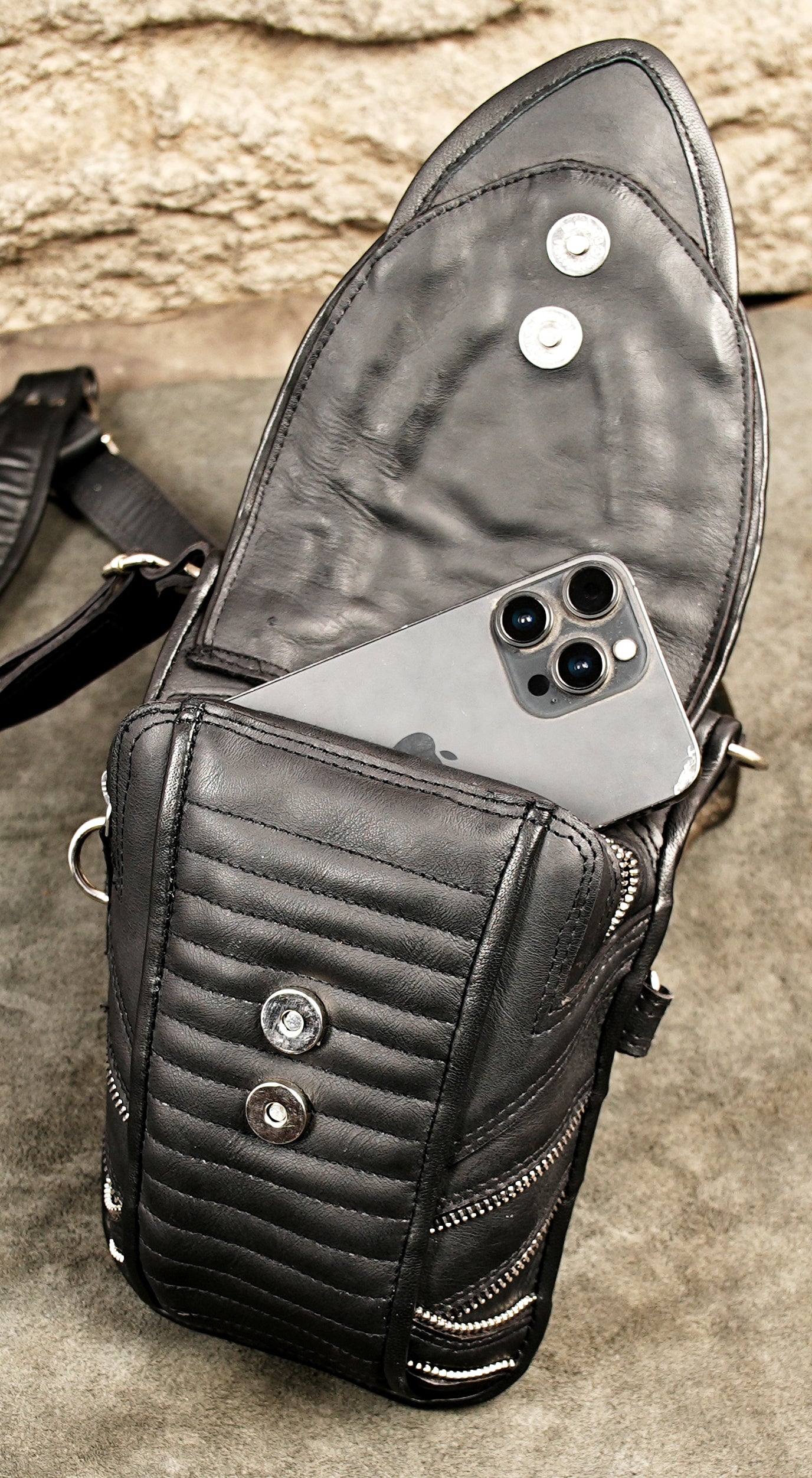 Rave wear black leather utility holster bag with double pockets