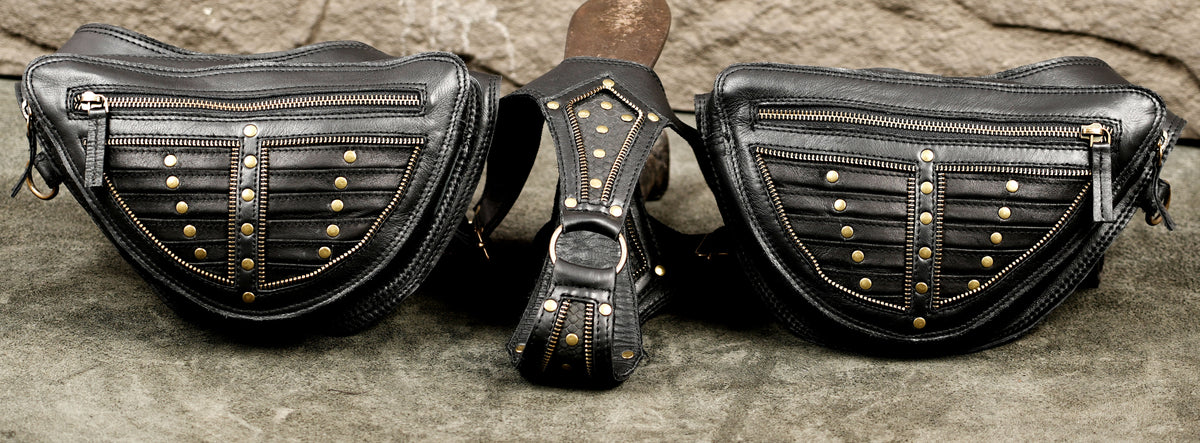 Unisex black leather shoulder harness for festivals and travel