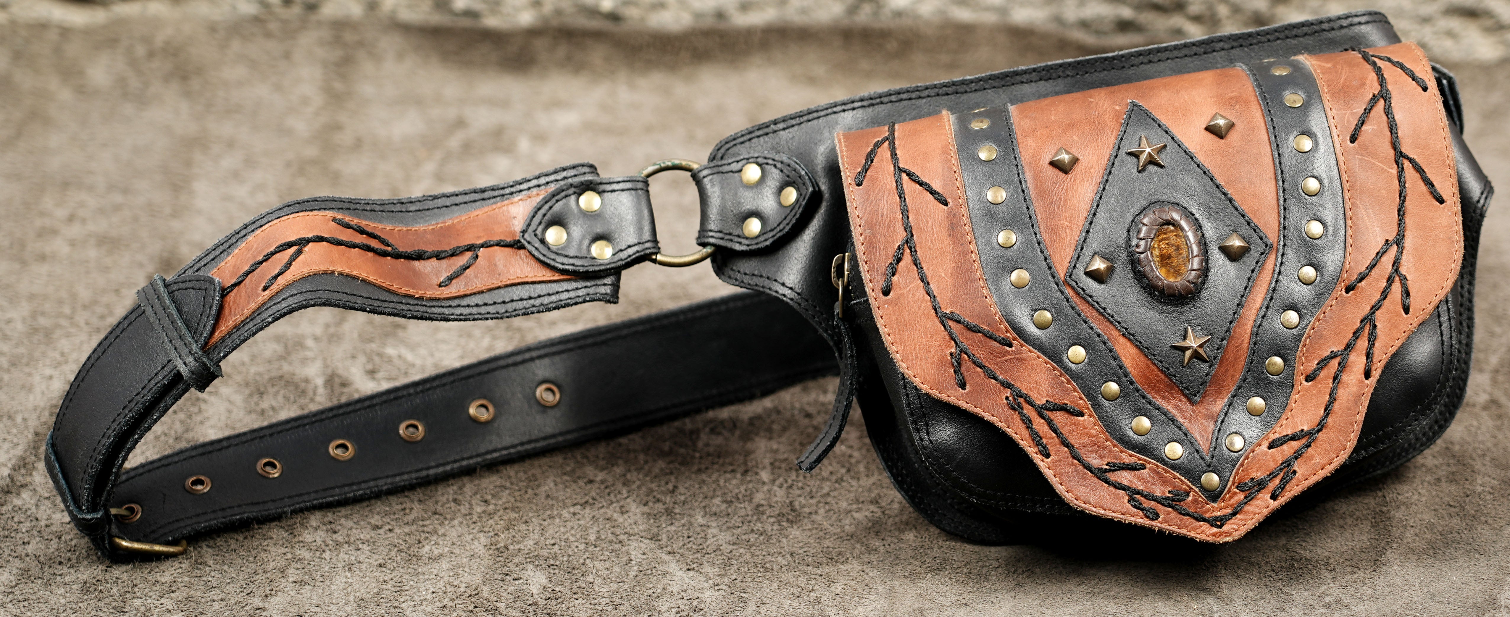 Genuine leather belt bag with star and diamond design