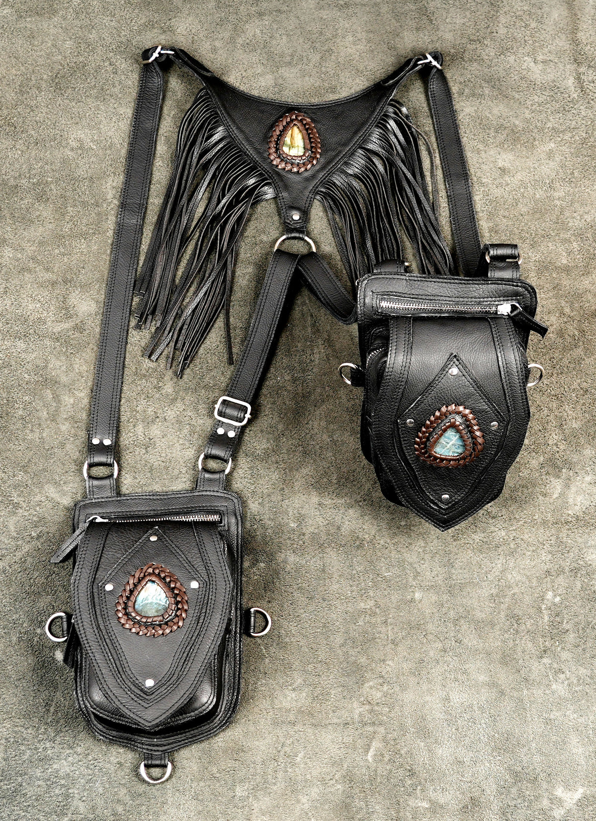 Rave and festival shoulder harness bag with two zipper pockets