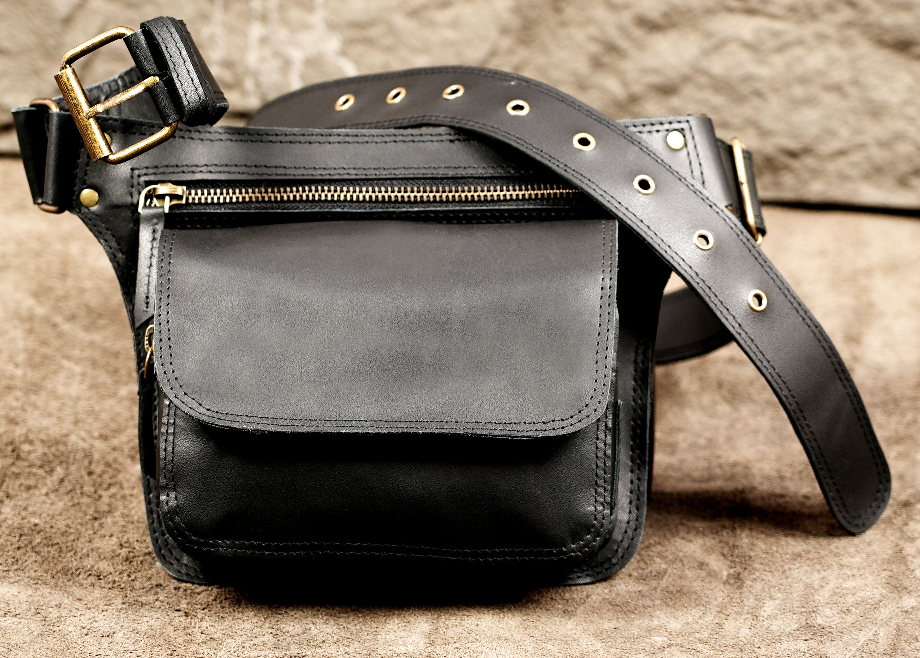 Modern black leather waist bag for women