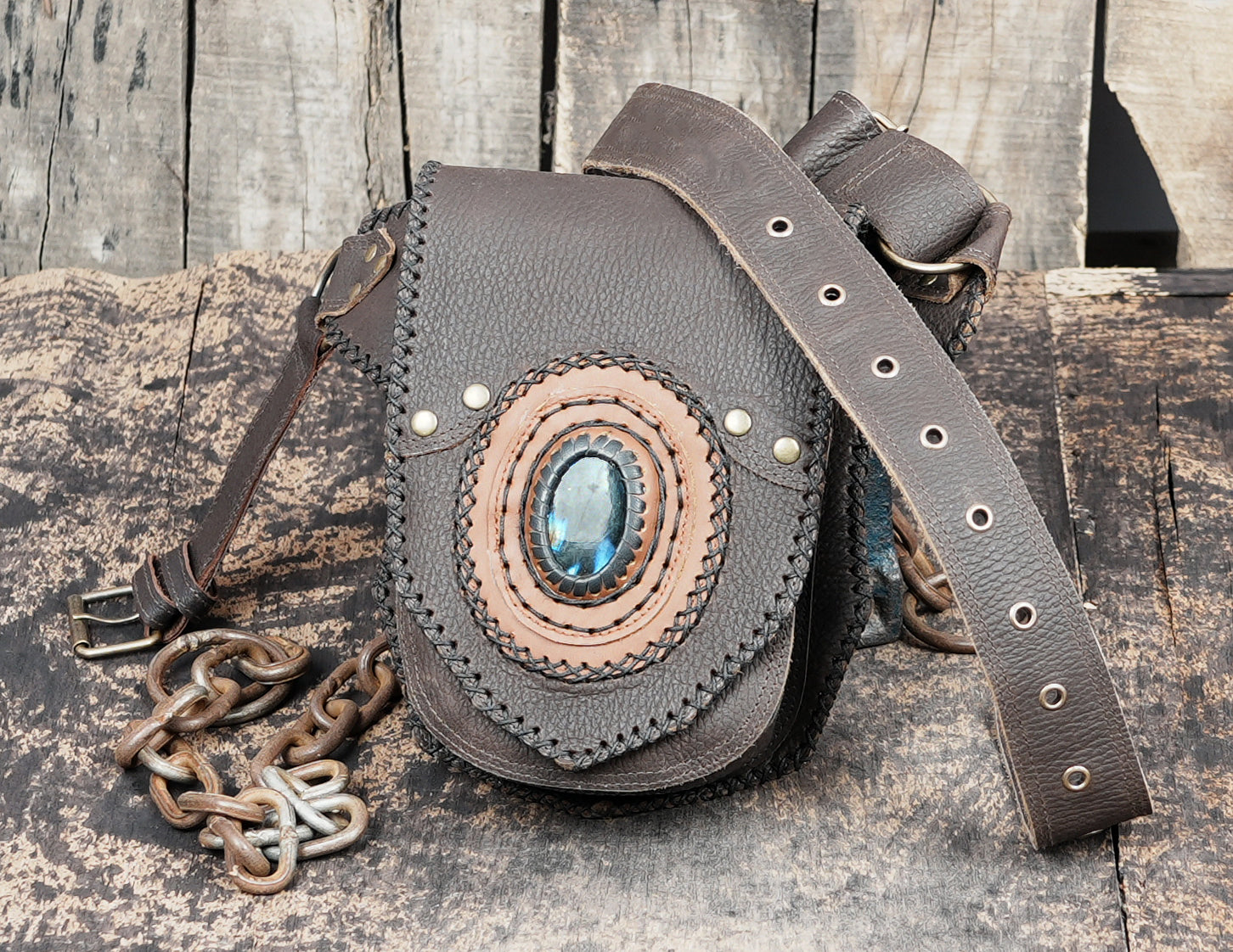 Handmade Leather Waist Belt with Front Pouch and Stone Detail || Leather Waist Belt Bag with Metal Hardware || Handmade Leather Waist Belt for Travel and Festivals (LT/AB/WB/6191)