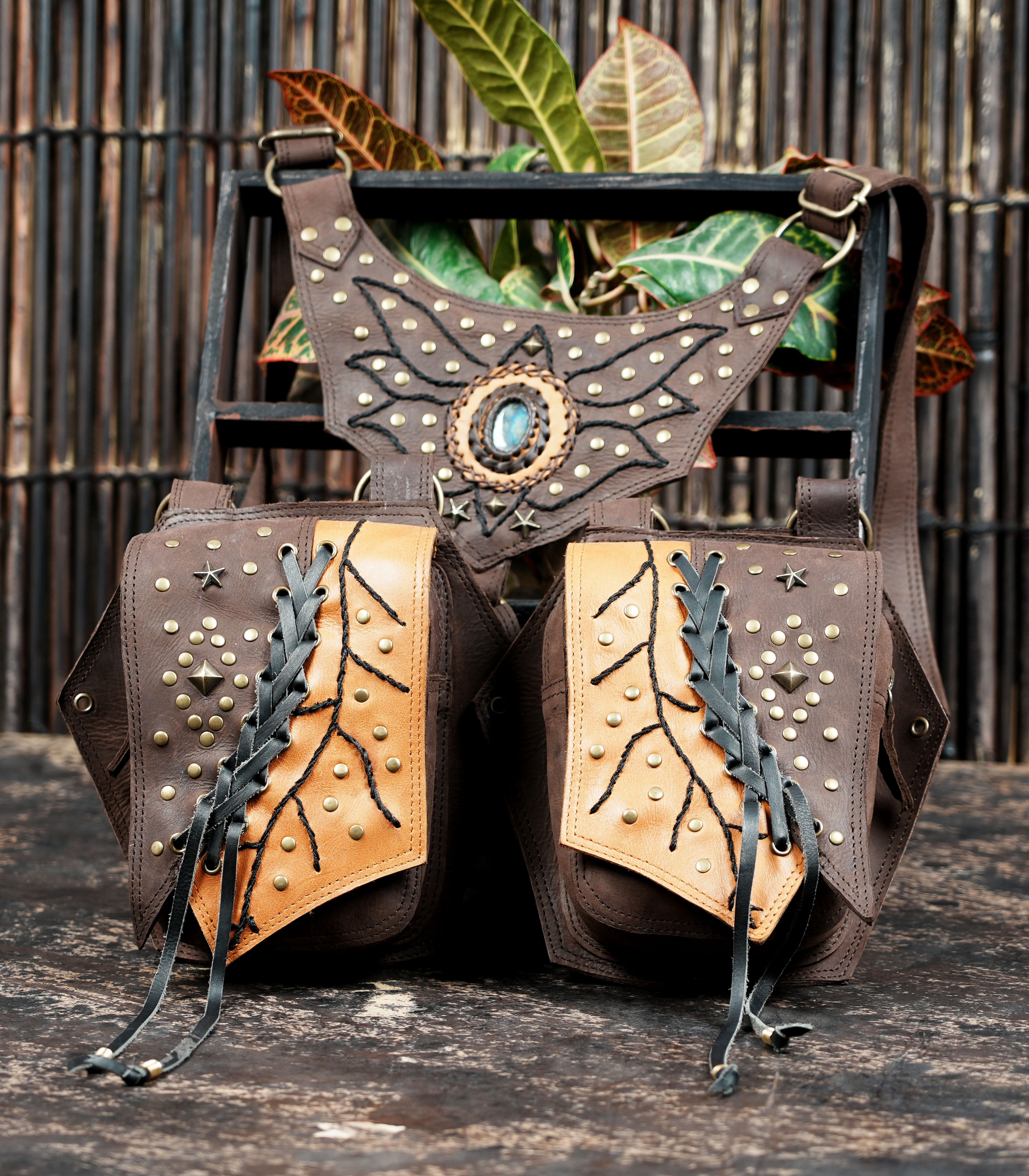 Handmade leather shoulder holster with dual pouches || Tribal leather chest rig with stud work || Travel leather utility shoulder rig (LT/AB/HLS/6060)