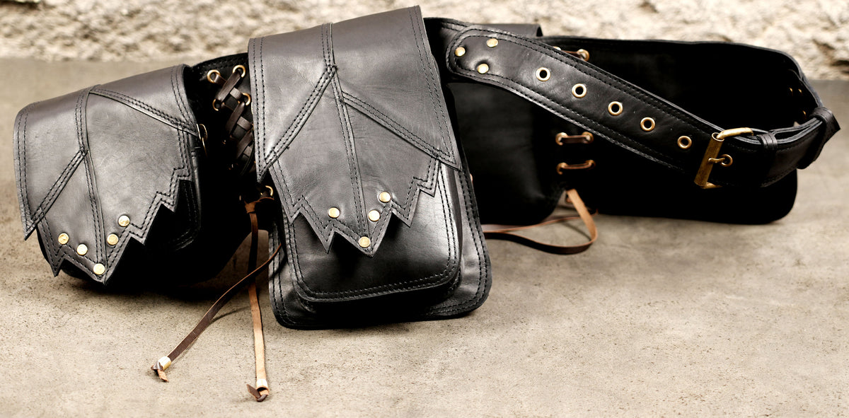 Handmade leather festival belt with utility pockets