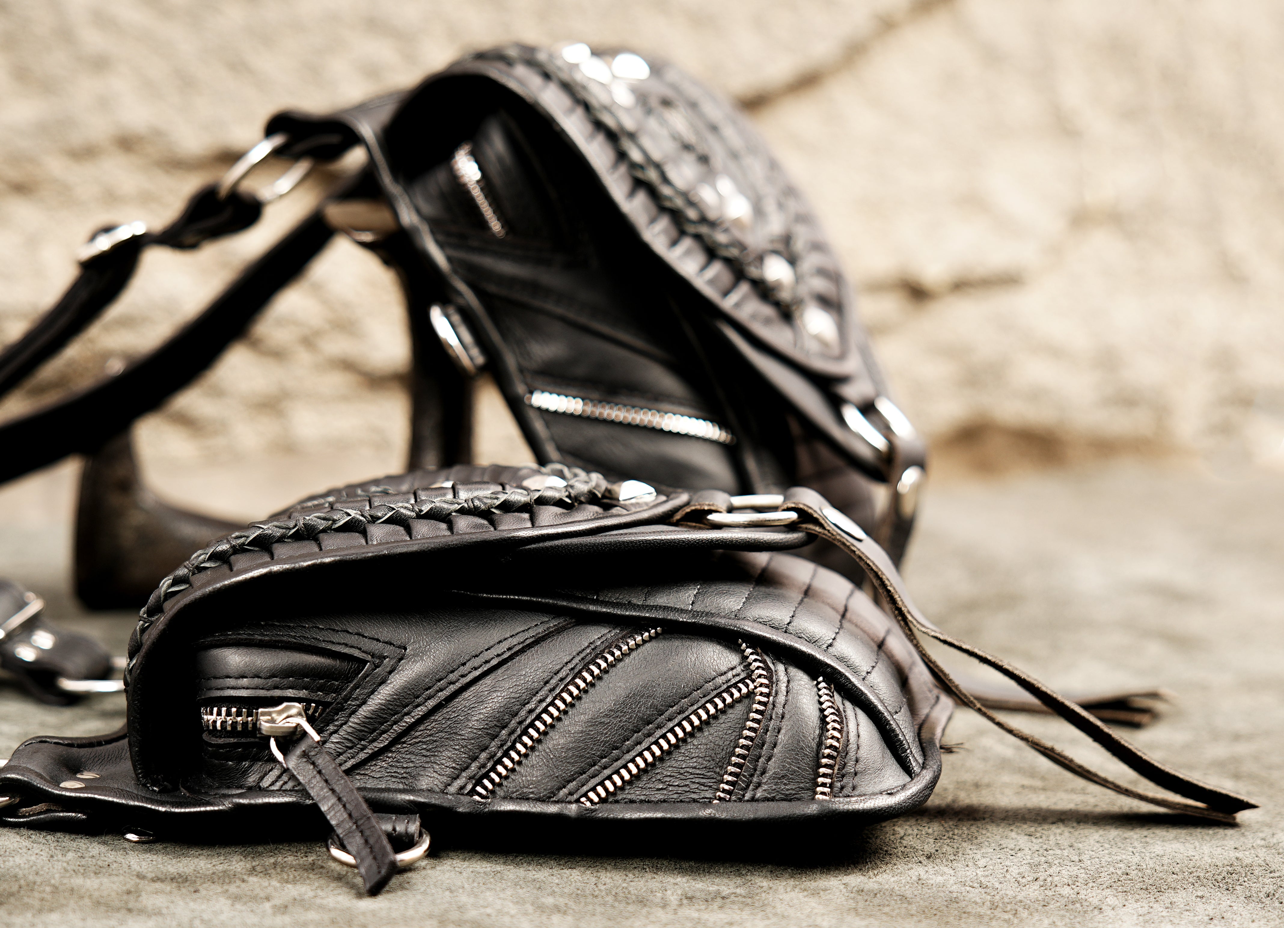 Darkwear aesthetic black leather harness bag with silver metal accents