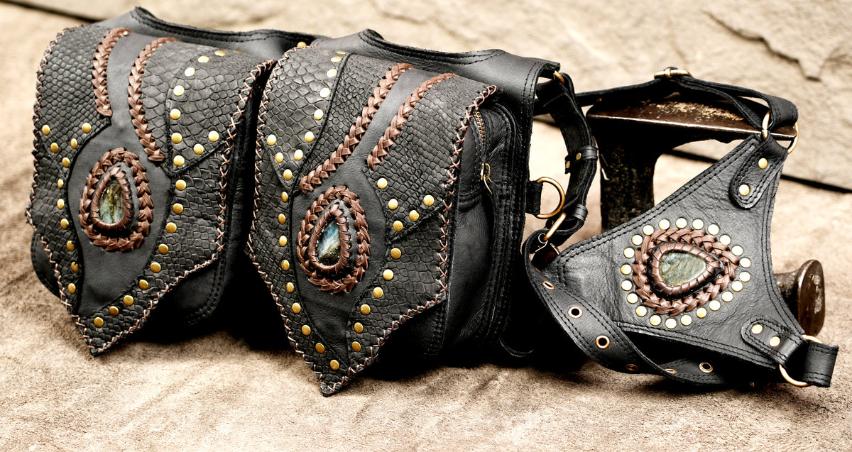 Handmade leather harness holster with gemstone and brass accents