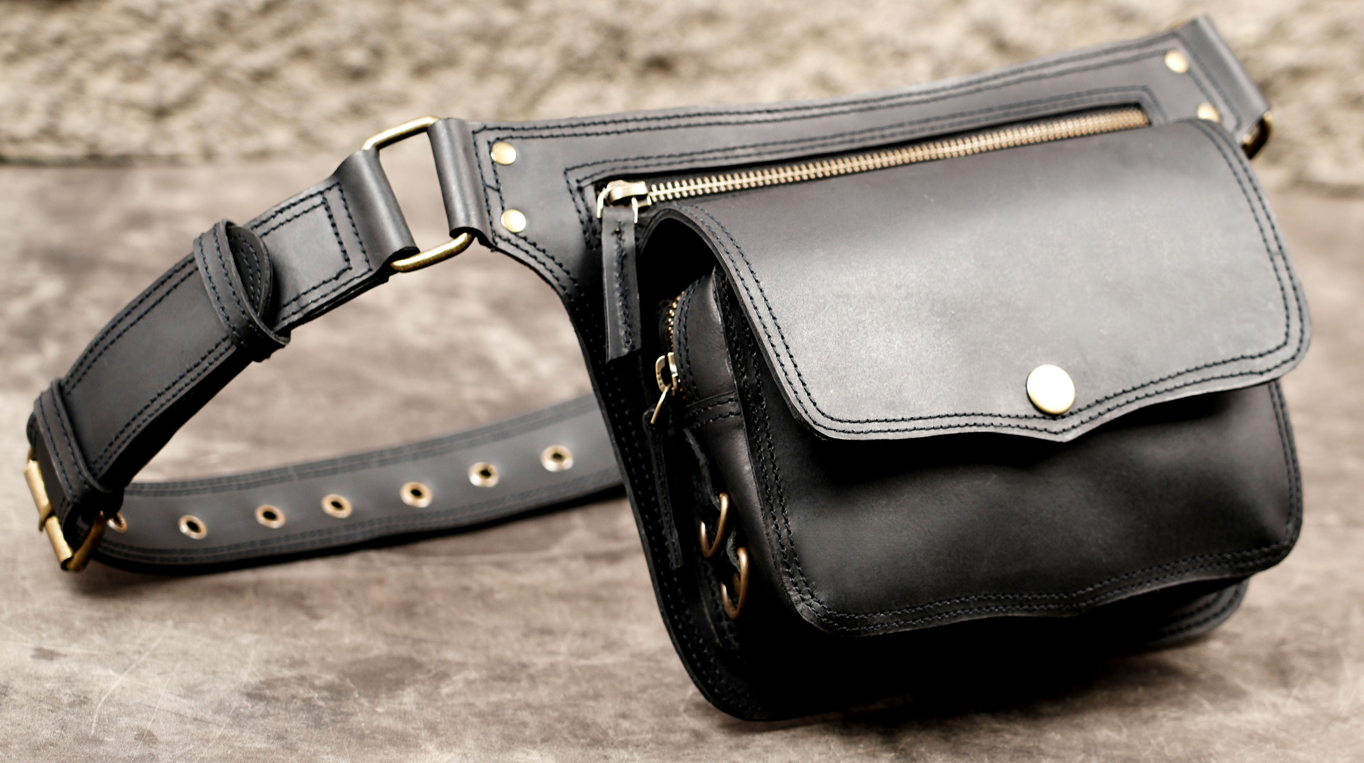 Black leather travel waist pack
