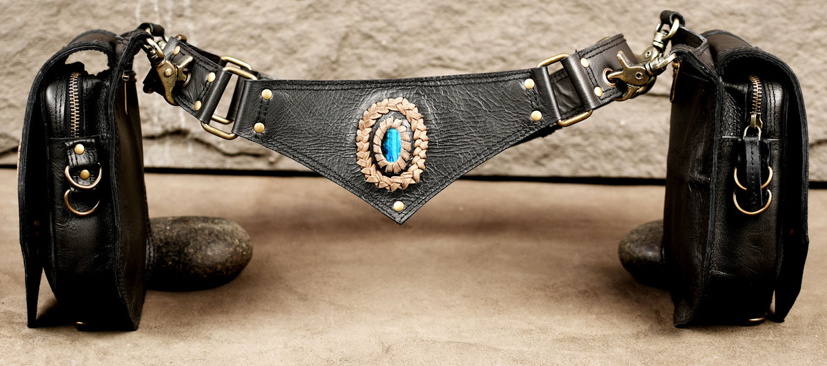 Boho leather festival waist pouch with two side pockets and Natural Labradorite stones