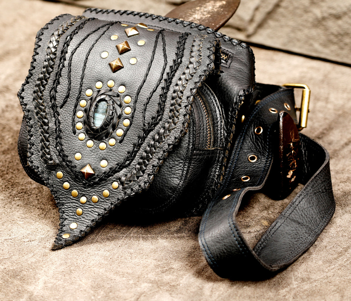 Bohemian leather hip belt with stone centerpiece