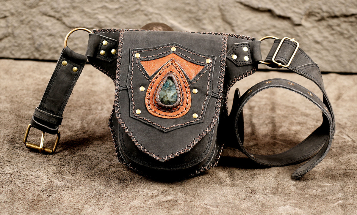 Black leather waist belt bag with gemstone detail and adjustable strap