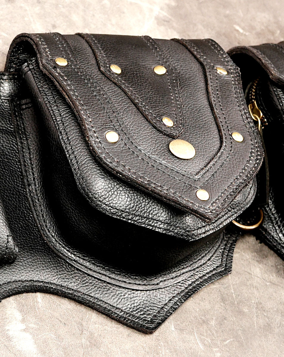 Adjustable black leather festival belt bag