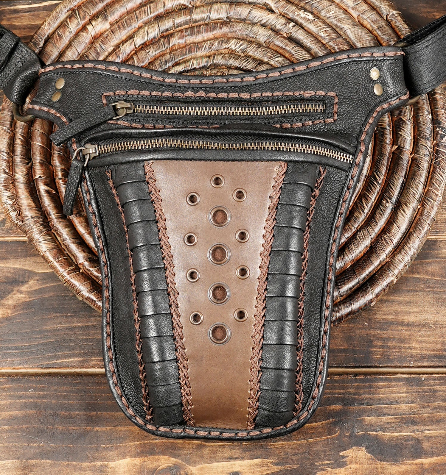 Adjustable genuine leather hip bag with antique brass hardware