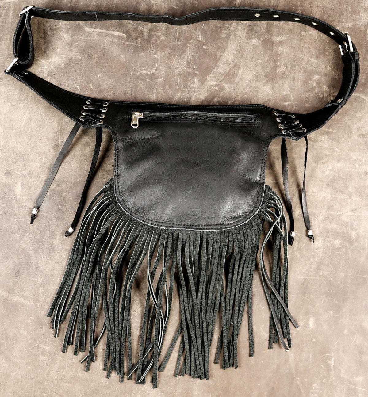 Adjustable leather belt bag with labradorite gem and fringe
