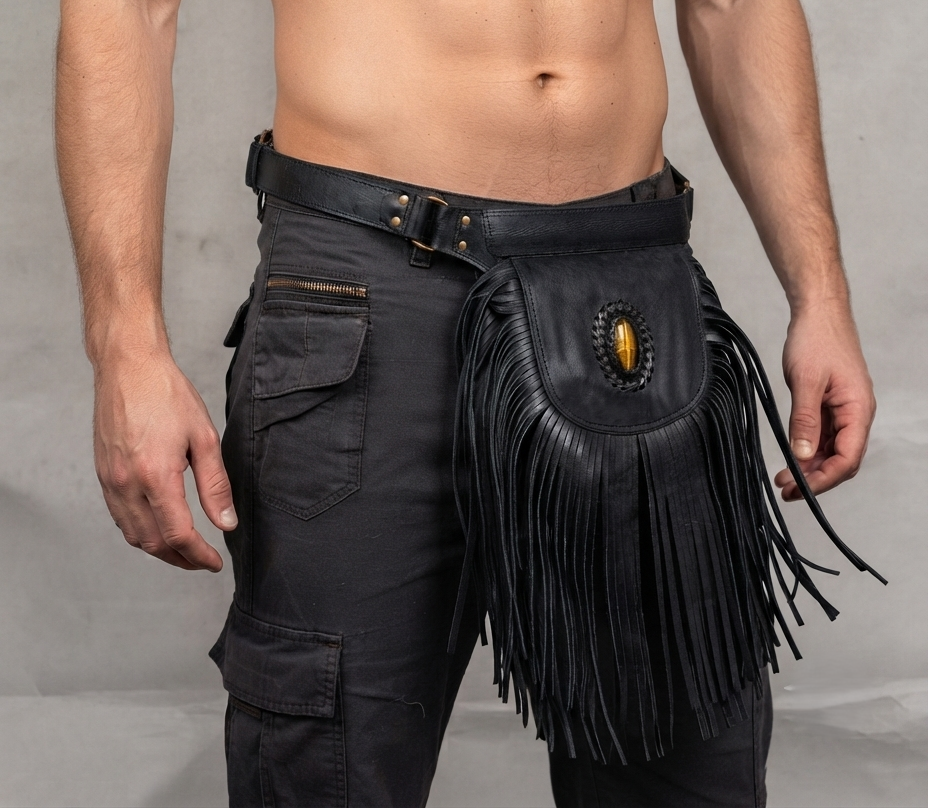 Adjustable leather belt bag with tiger eye gem and fringe