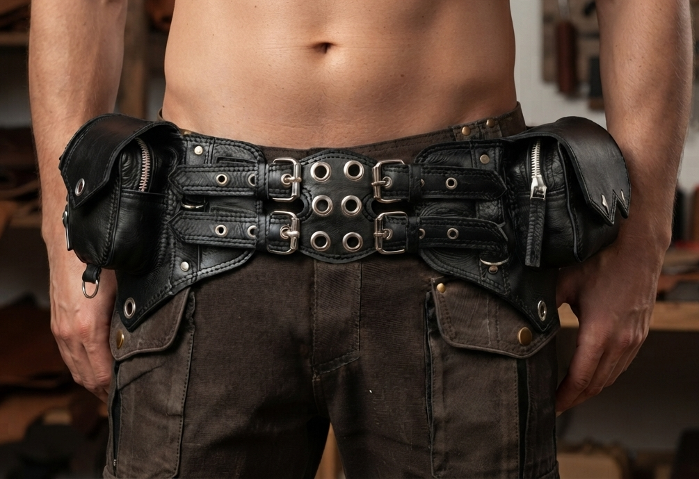 Adjustable leather hip belt with grommet panel, close up