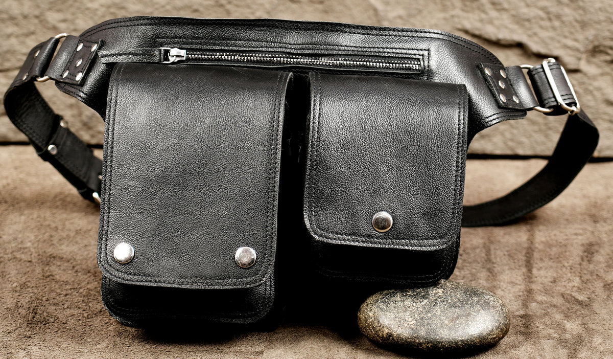 Adjustable leather waist bag with double snap pockets