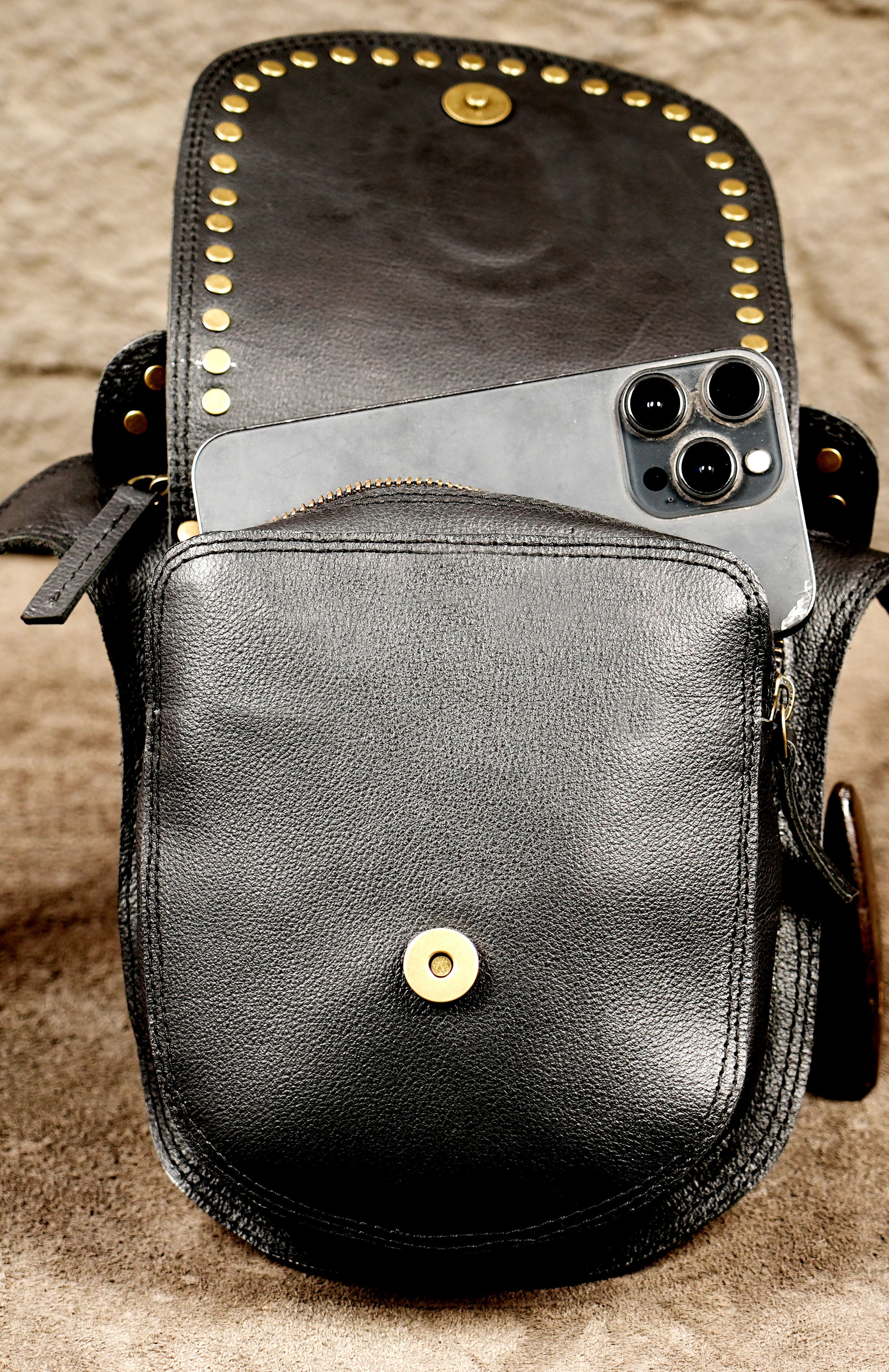 Adjustable leather waist pouch with gemstone flap detail